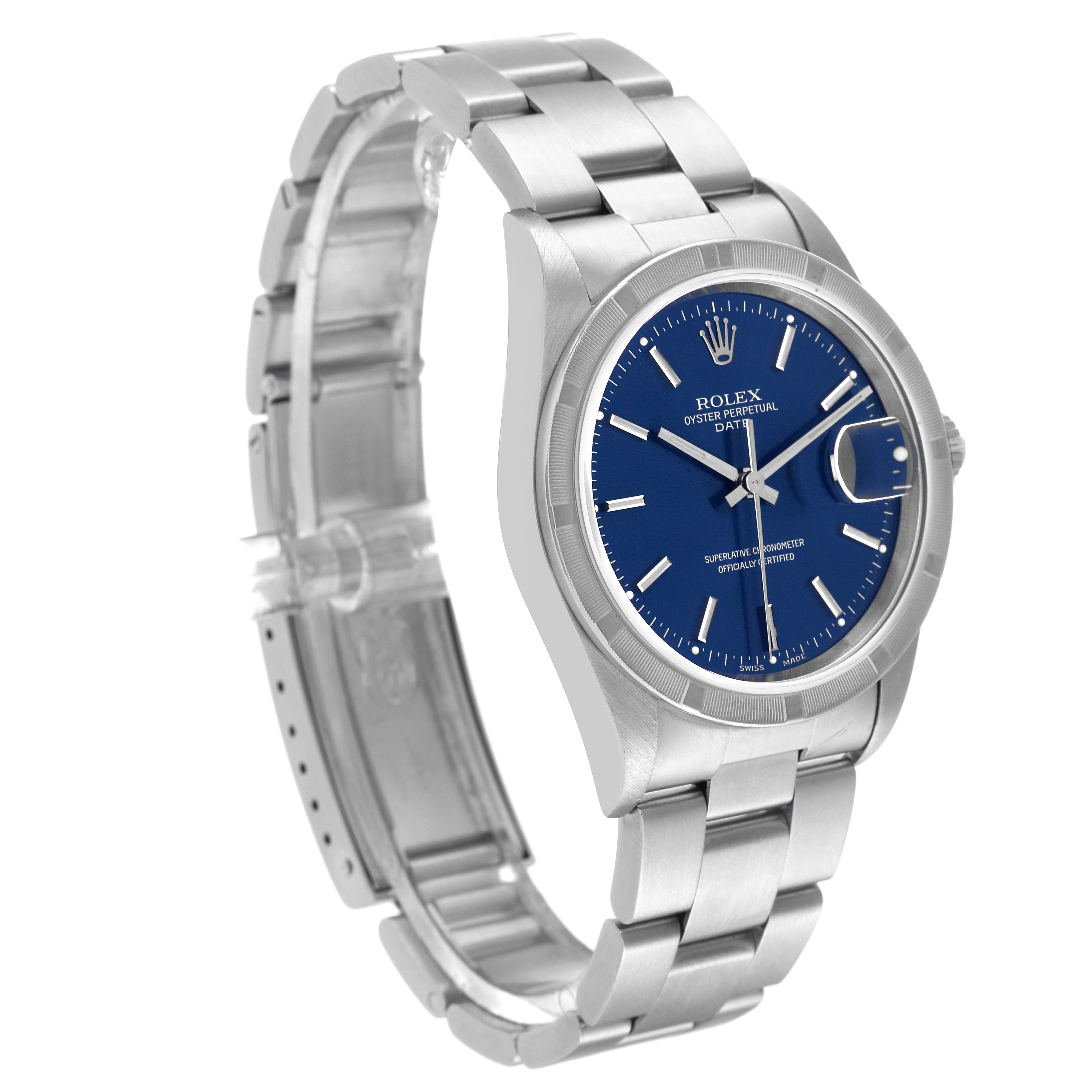 The image shows the Rolex Date 15210 Men's Stainless Steel Blue Dial 15210 Men's Stainless Steel Blue Dial model watch at an angled view, highlighting its blue dial, stainless steel bracelet, and clasp.