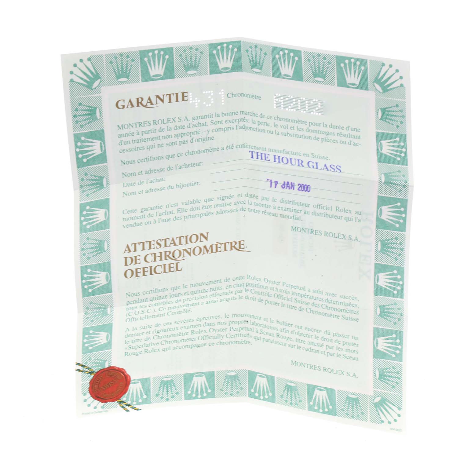 The image shows the warranty certificate for a Rolex Date 69160 Women's Stainless Steel Blue Dial 69160 Women's Stainless Steel Blue Dial model, detailing the certification and purchase information.