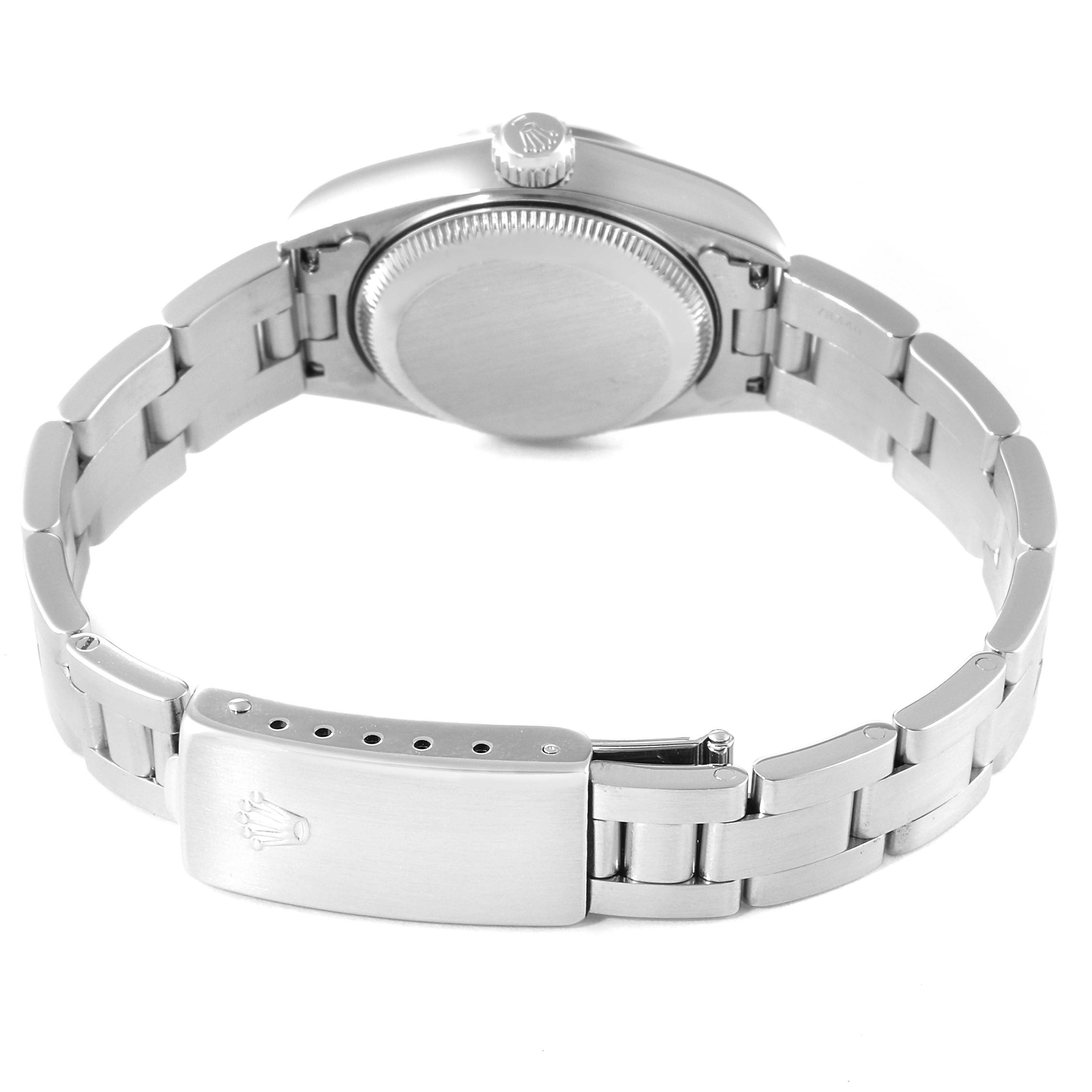 This image shows the underside and clasp of a Rolex Date 69160 Women's Stainless Steel Blue Dial 69160 Women's Stainless Steel Blue Dial model watch, displaying its bracelet and case back.