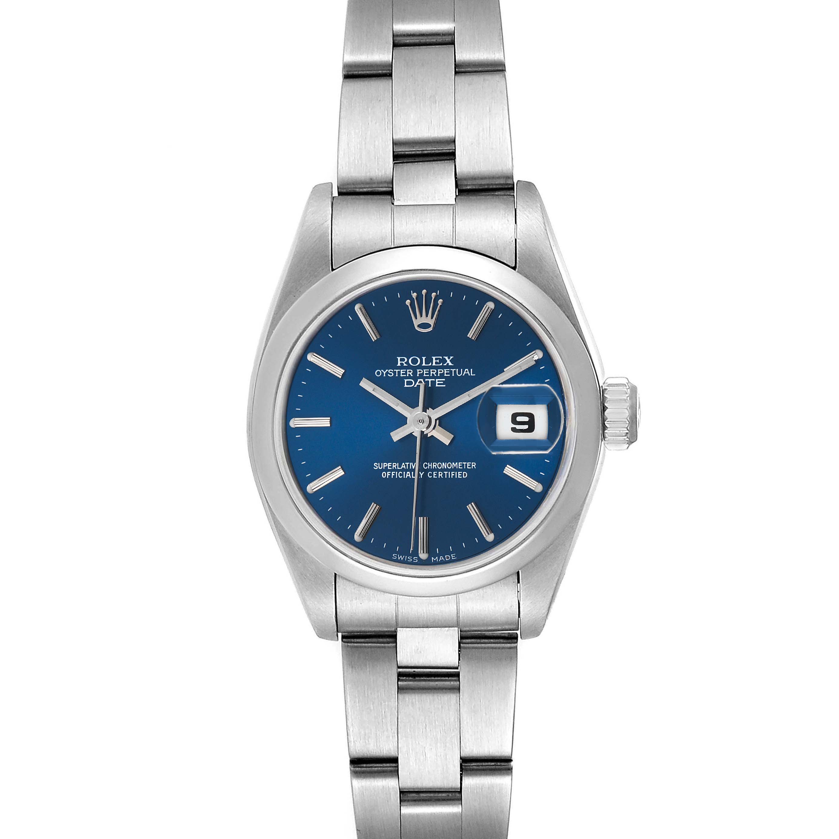 This image shows a front view of a Rolex Date 69160 Women's Stainless Steel Blue Dial 69160 Women's Stainless Steel Blue Dial model watch, highlighting its blue dial, date window, and stainless steel bracelet.