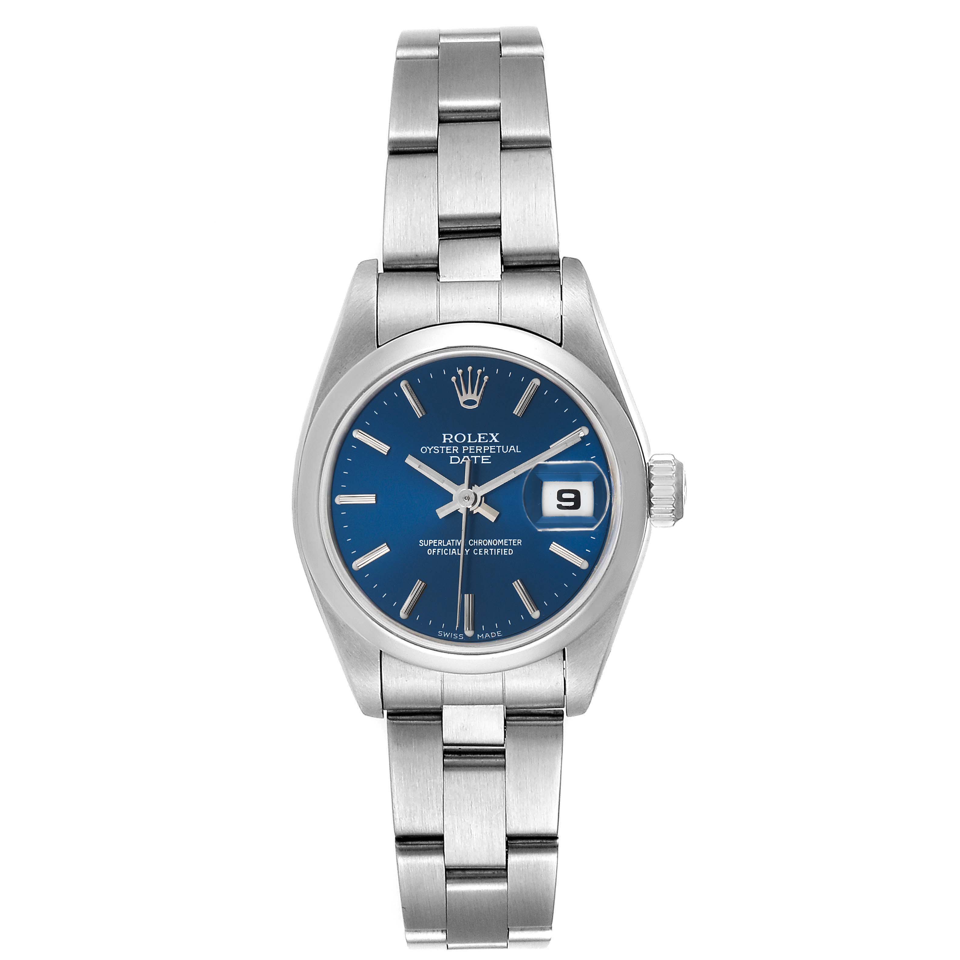 This image shows a front view of the Rolex Date 69160 Women's Stainless Steel Blue Dial 69160 Women's Stainless Steel Blue Dial model watch, displaying the dial, hands, indices, and bracelet.