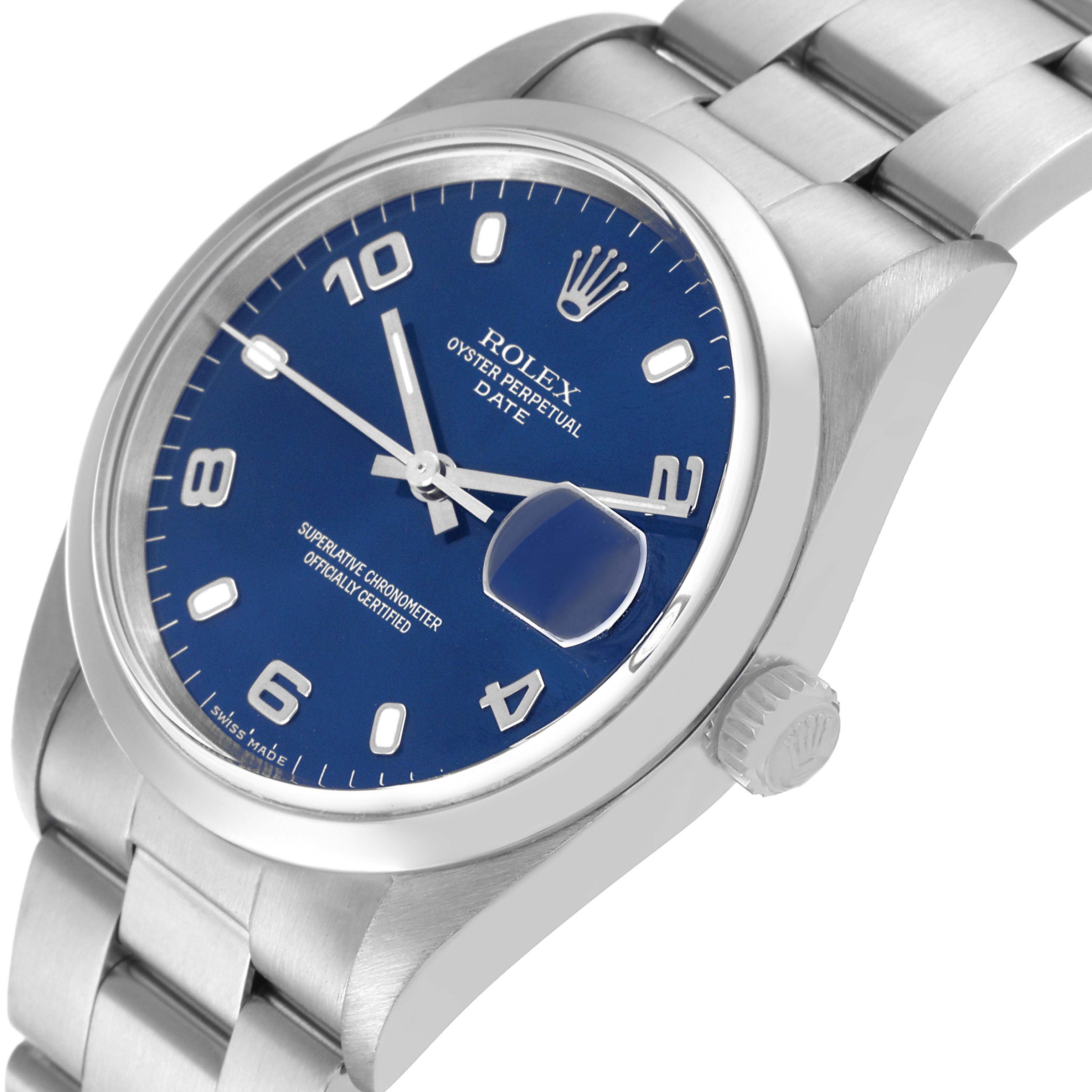 The image shows a left-side angle of a Rolex Oyster Perpetual Date watch, highlighting the blue dial, crown, and part of the bracelet.