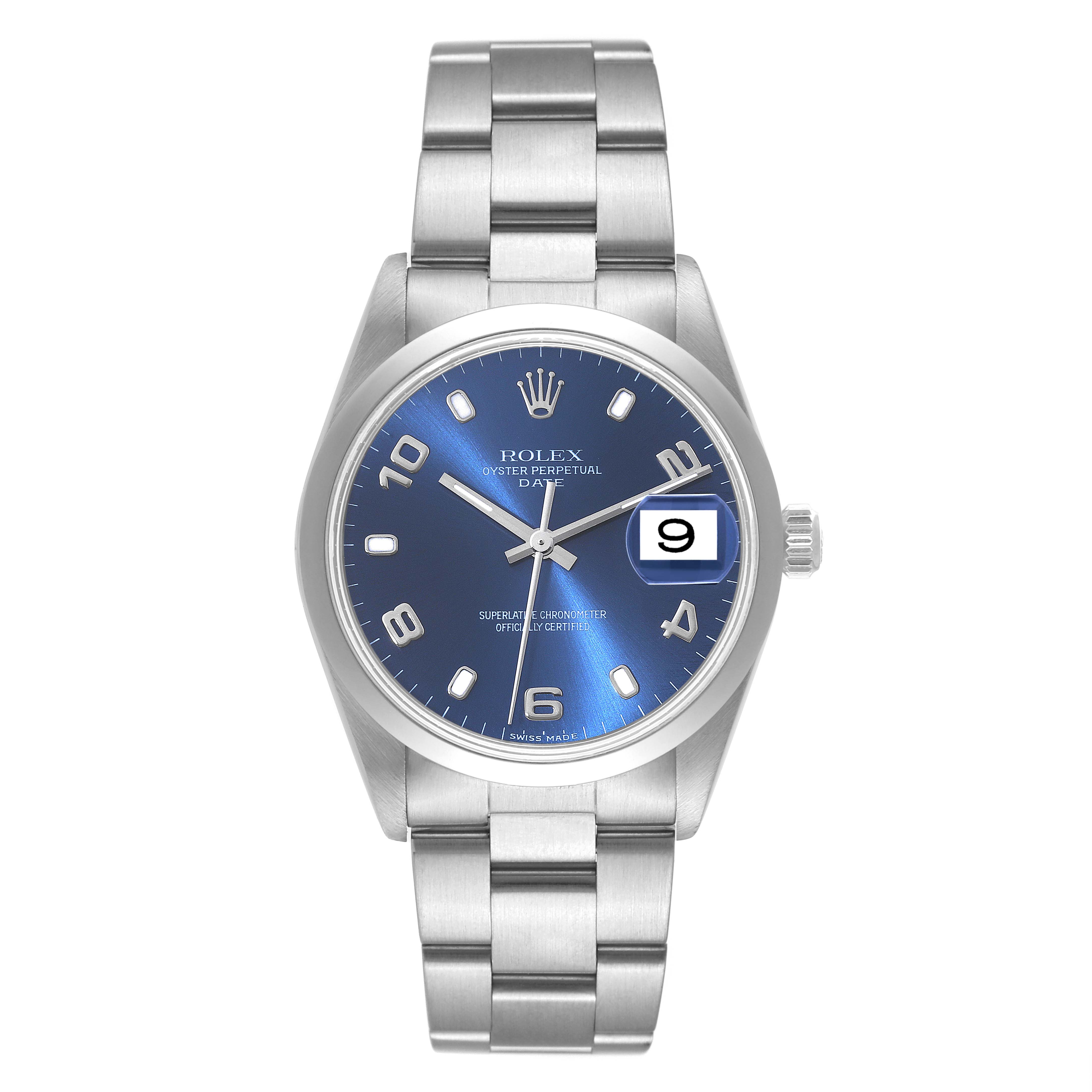 The image shows a front view of a Rolex Date 15200 Men's Stainless Steel Blue Dial 15200 Men's Stainless Steel Blue Dial model watch, displaying the face, bracelet, and date window.