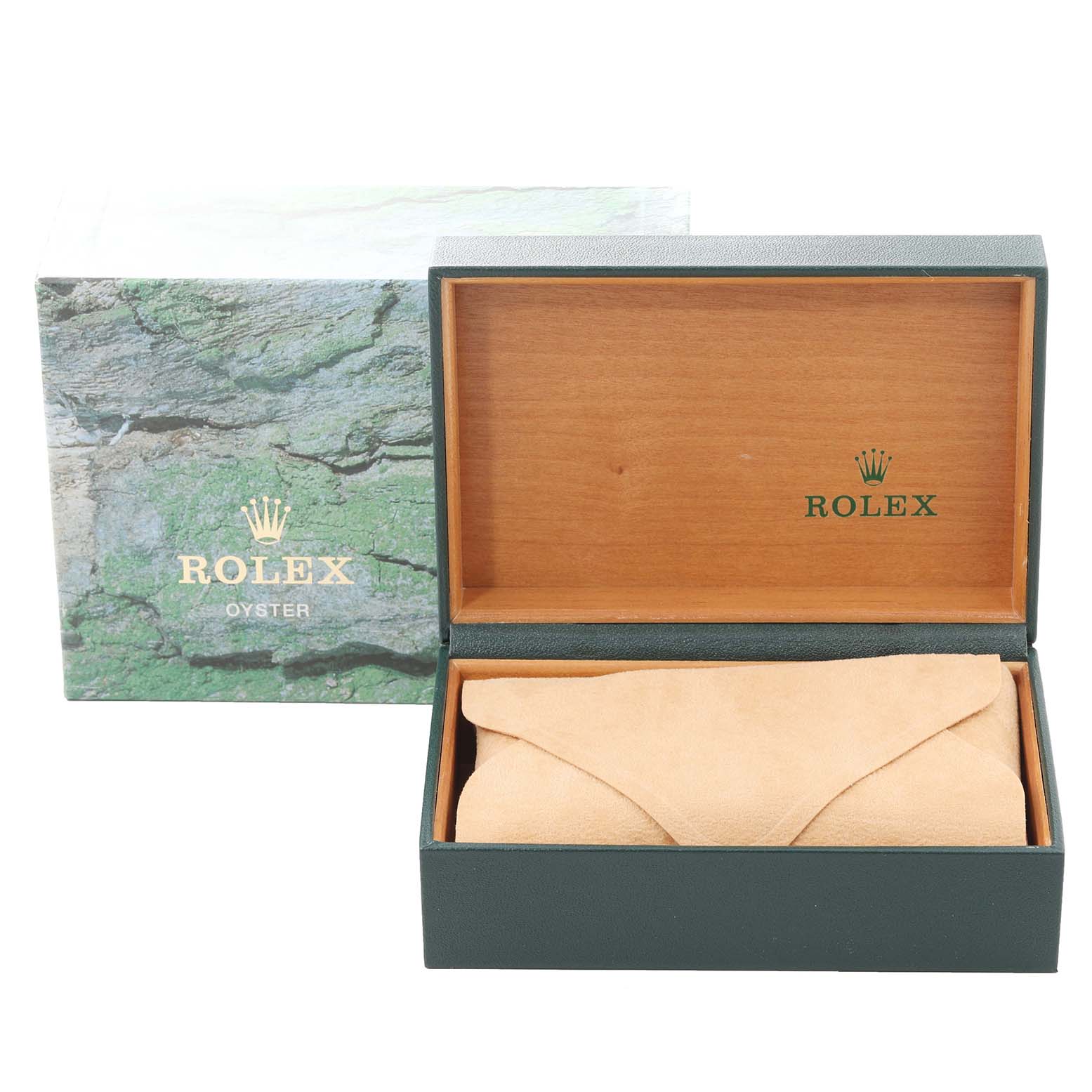 The image shows an open Rolex watch box, with a Date model pouch inside, and the outer box beside it.