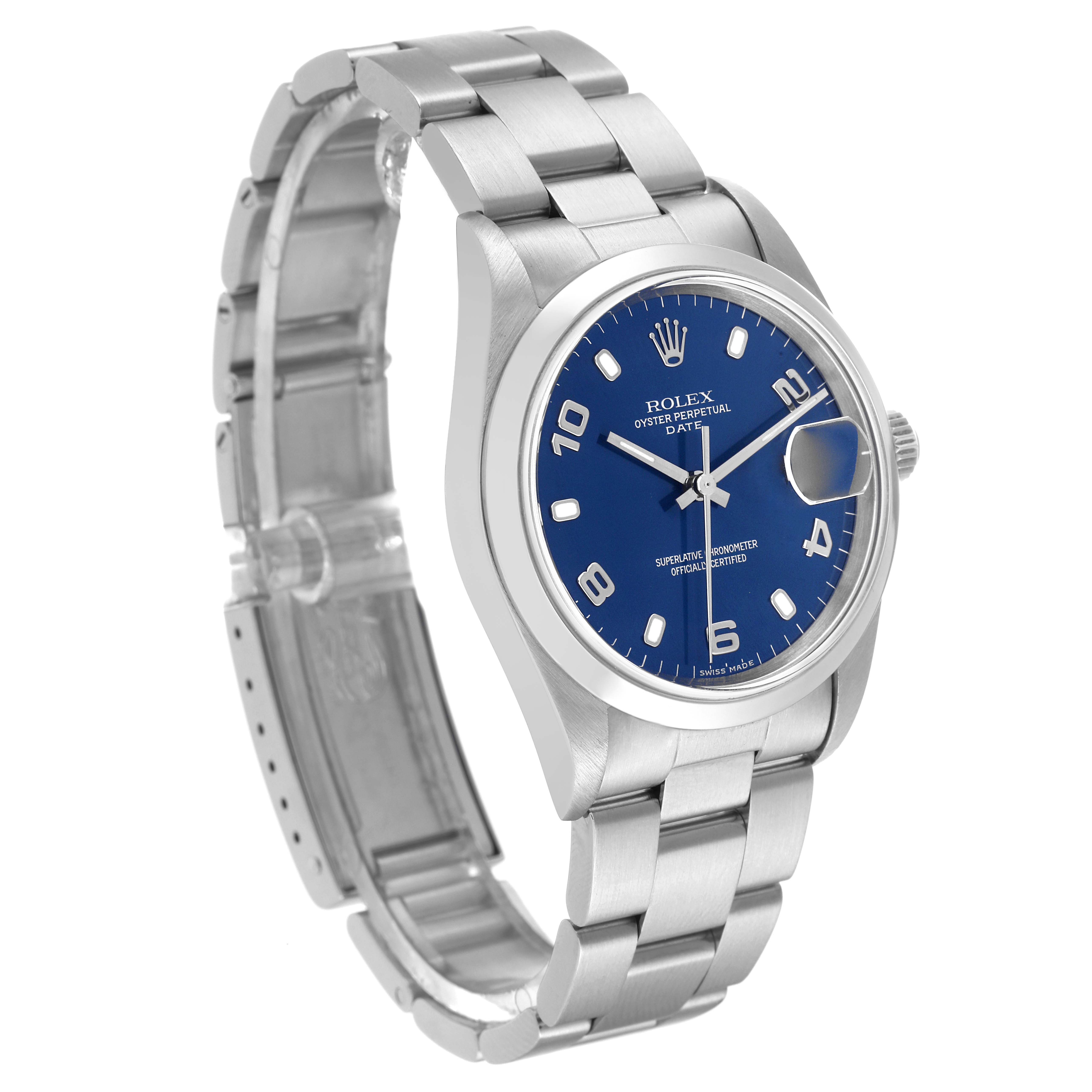 The image shows a Rolex Date 15200 Men's Stainless Steel Blue Dial 15200 Men's Stainless Steel Blue Dial model watch at a three-quarter angle, highlighting the blue dial, case, and metal bracelet.