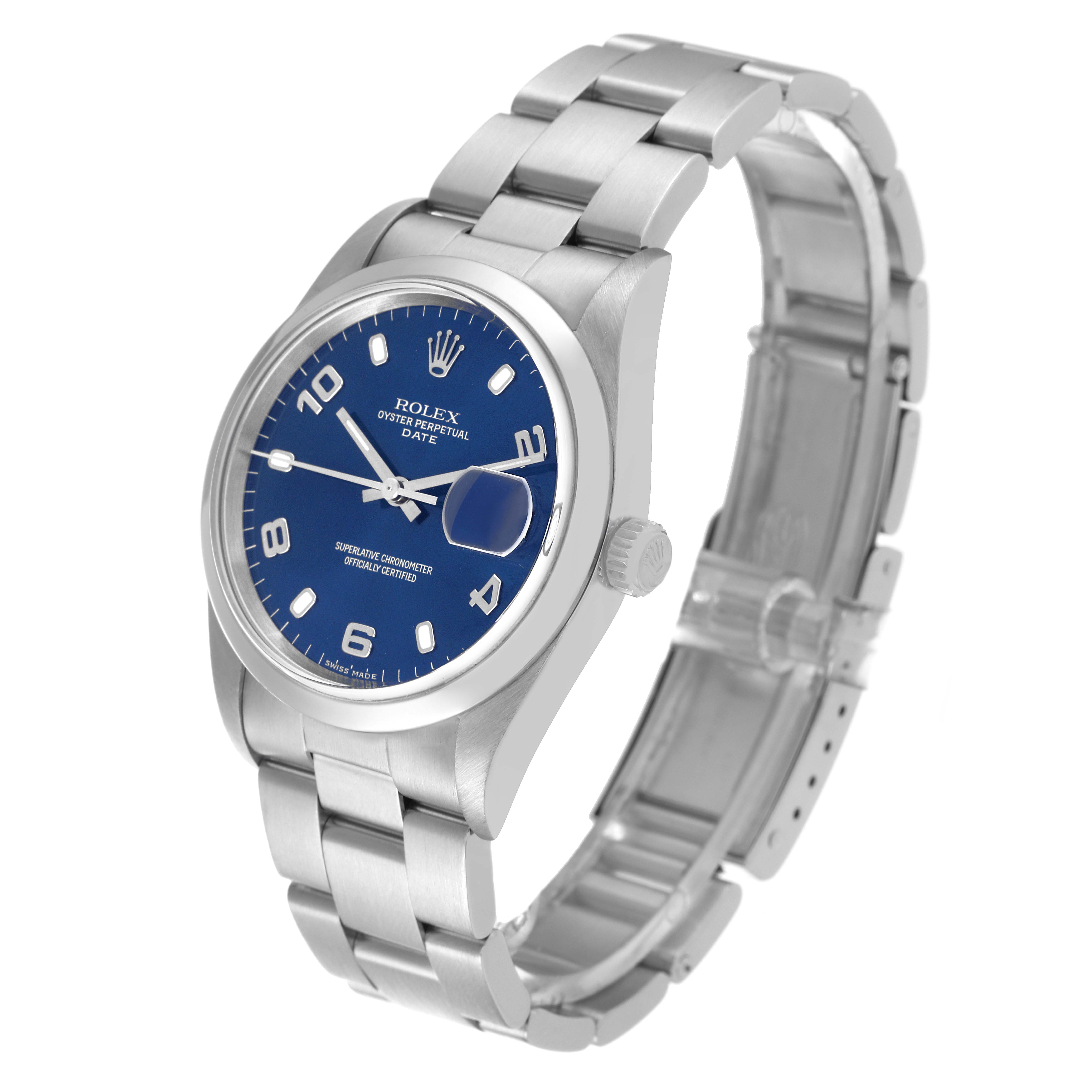 The image shows a Rolex Date 15200 Men's Stainless Steel Blue Dial 15200 Men's Stainless Steel Blue Dial model watch at a three-quarter angle, highlighting the blue dial, bracelet, and clasp.