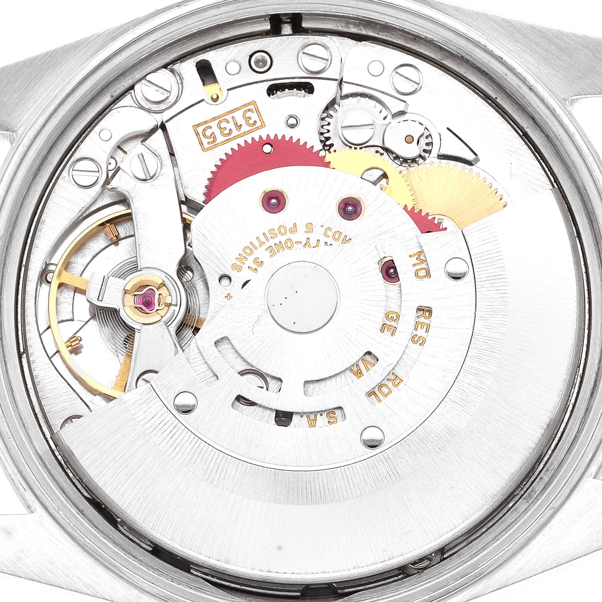 The image shows the internal movement components of a Rolex Date 15200 Men's Stainless Steel White Dial 15200 Men's Stainless Steel White Dial model watch from a back angle view.