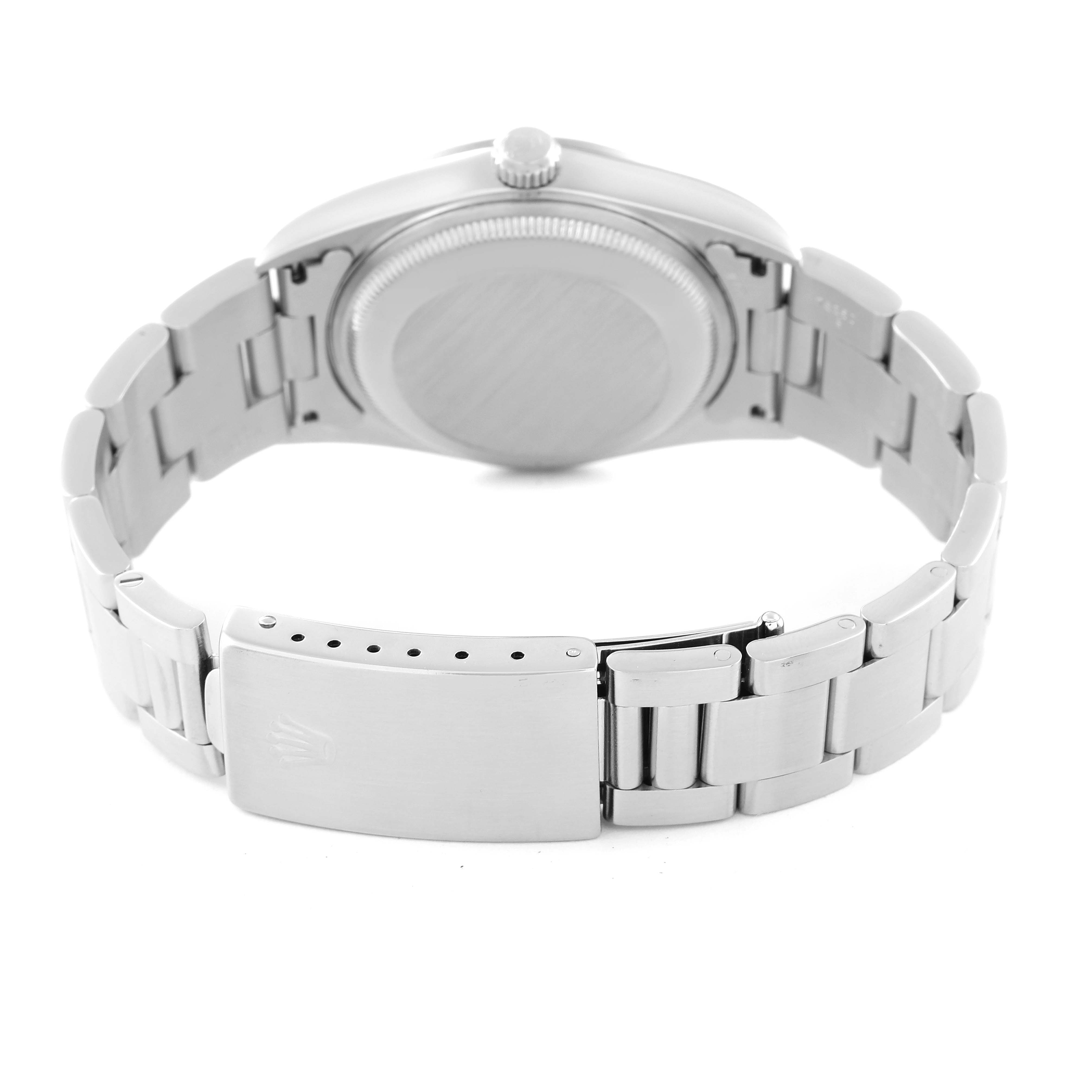 This image shows the back and clasp of a Rolex Date 15200 Men's Stainless Steel White Dial 15200 Men's Stainless Steel White Dial model watch, focusing on its bracelet and caseback.