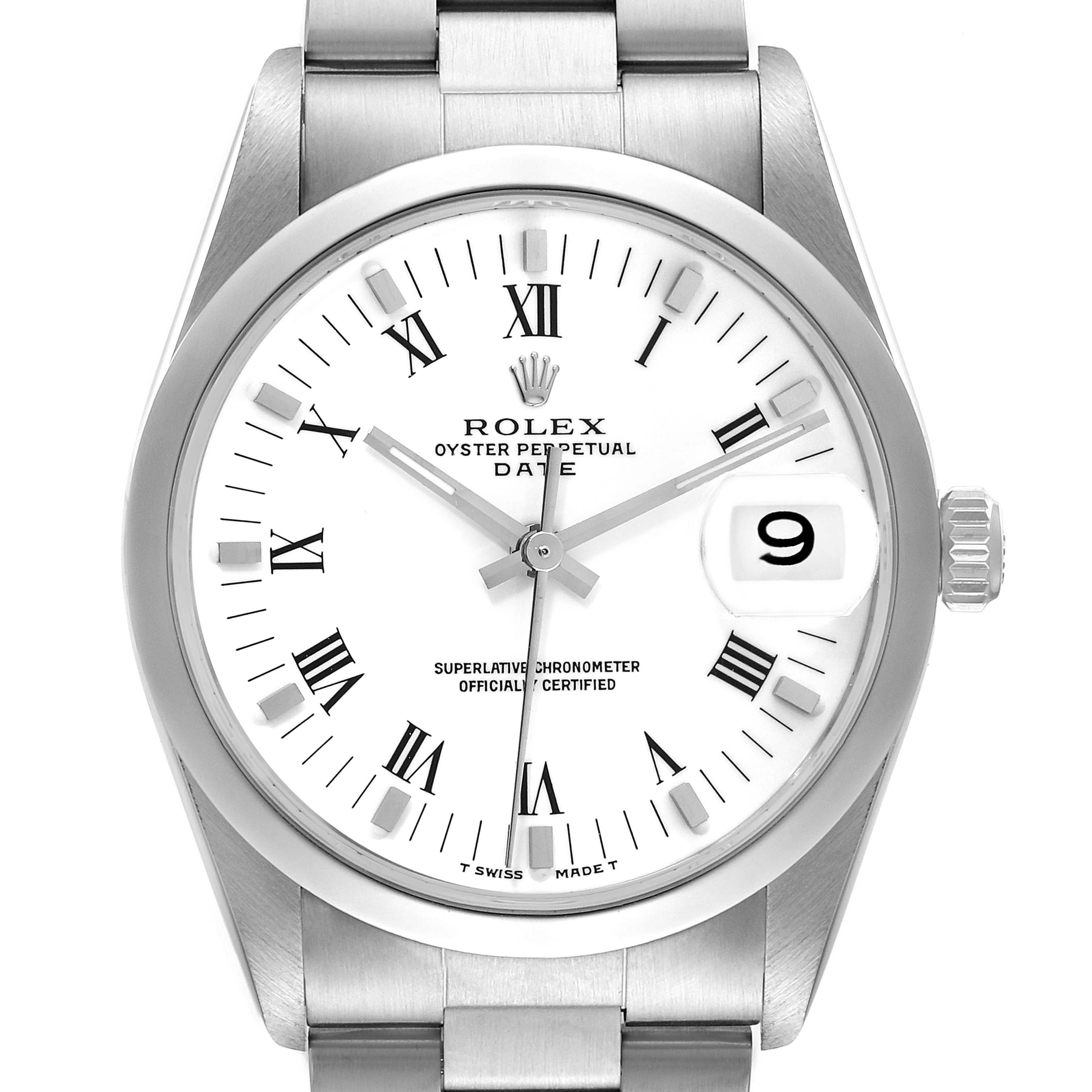 The image shows a front view of a Rolex Oyster Perpetual Date watch, displaying the face, dial, and a partially visible bracelet.