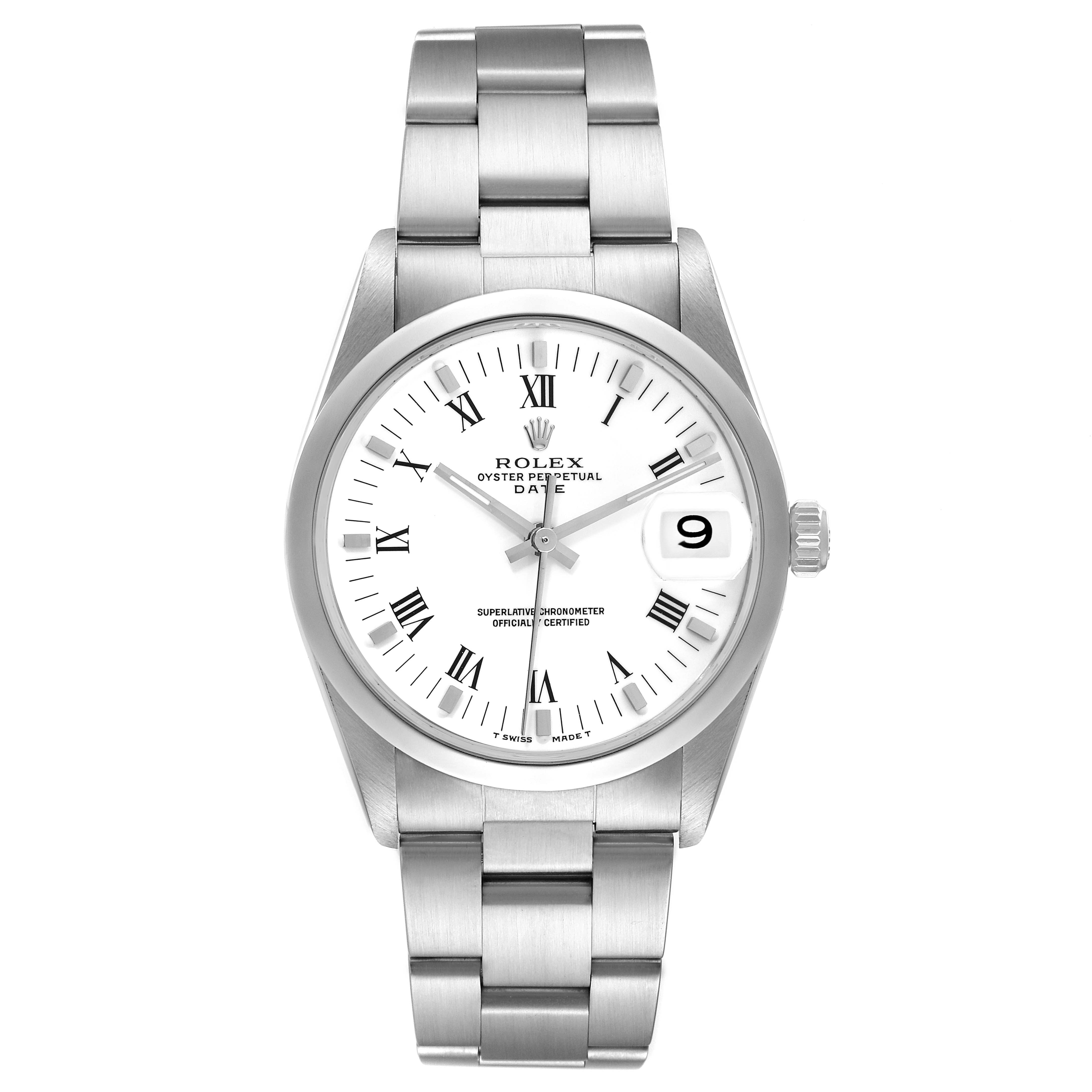 The image shows a front view of a Rolex Date 15200 Men's Stainless Steel White Dial 15200 Men's Stainless Steel White Dial model watch displaying the face, bezel, bracelet, and crown.