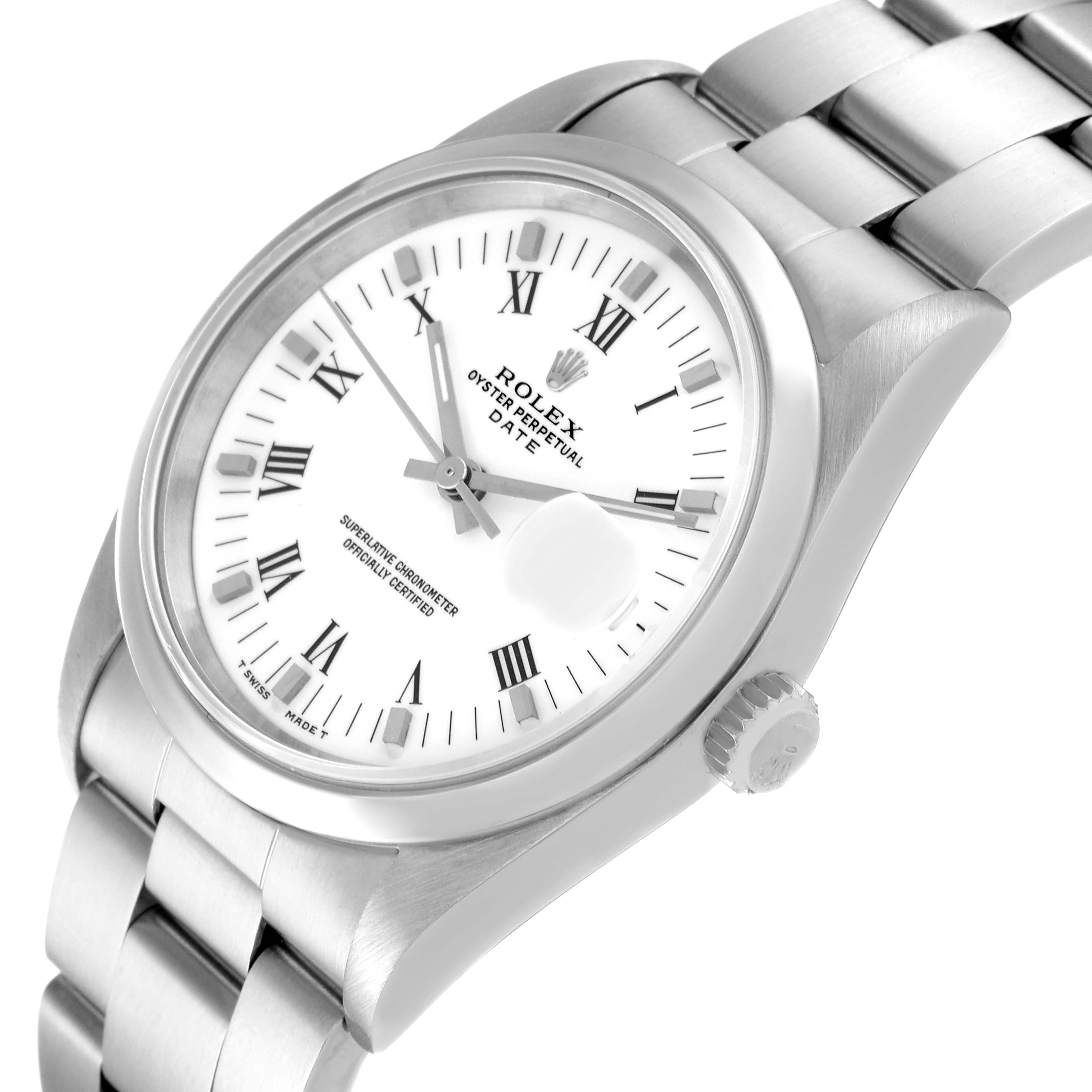 This image shows a Rolex Oyster Perpetual Date model from an angled top view, displaying the dial, bracelet, and crown.