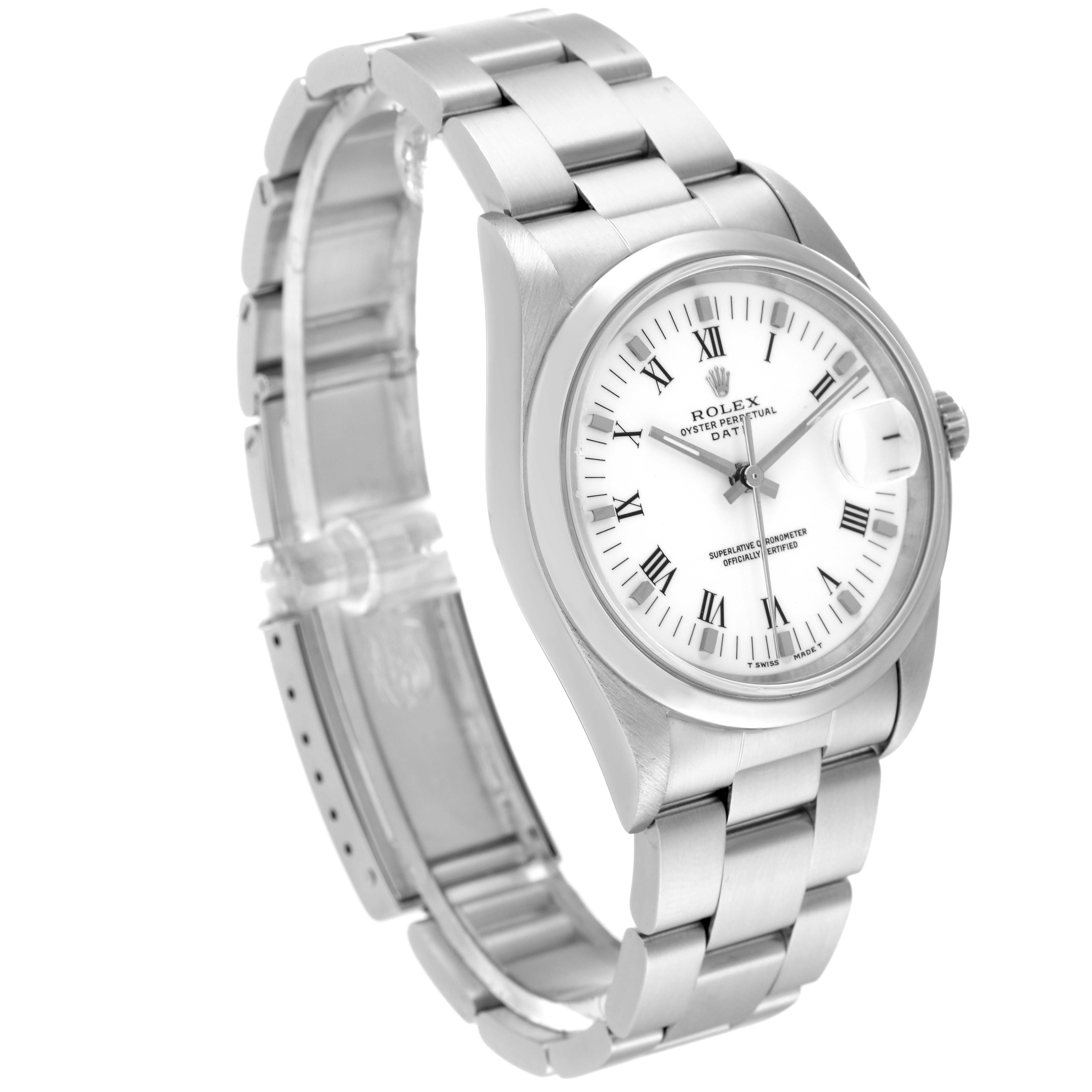 This image shows a Rolex Date 15200 Men's Stainless Steel White Dial 15200 Men's Stainless Steel White Dial watch angled to display its face, bracelet, and clasp.