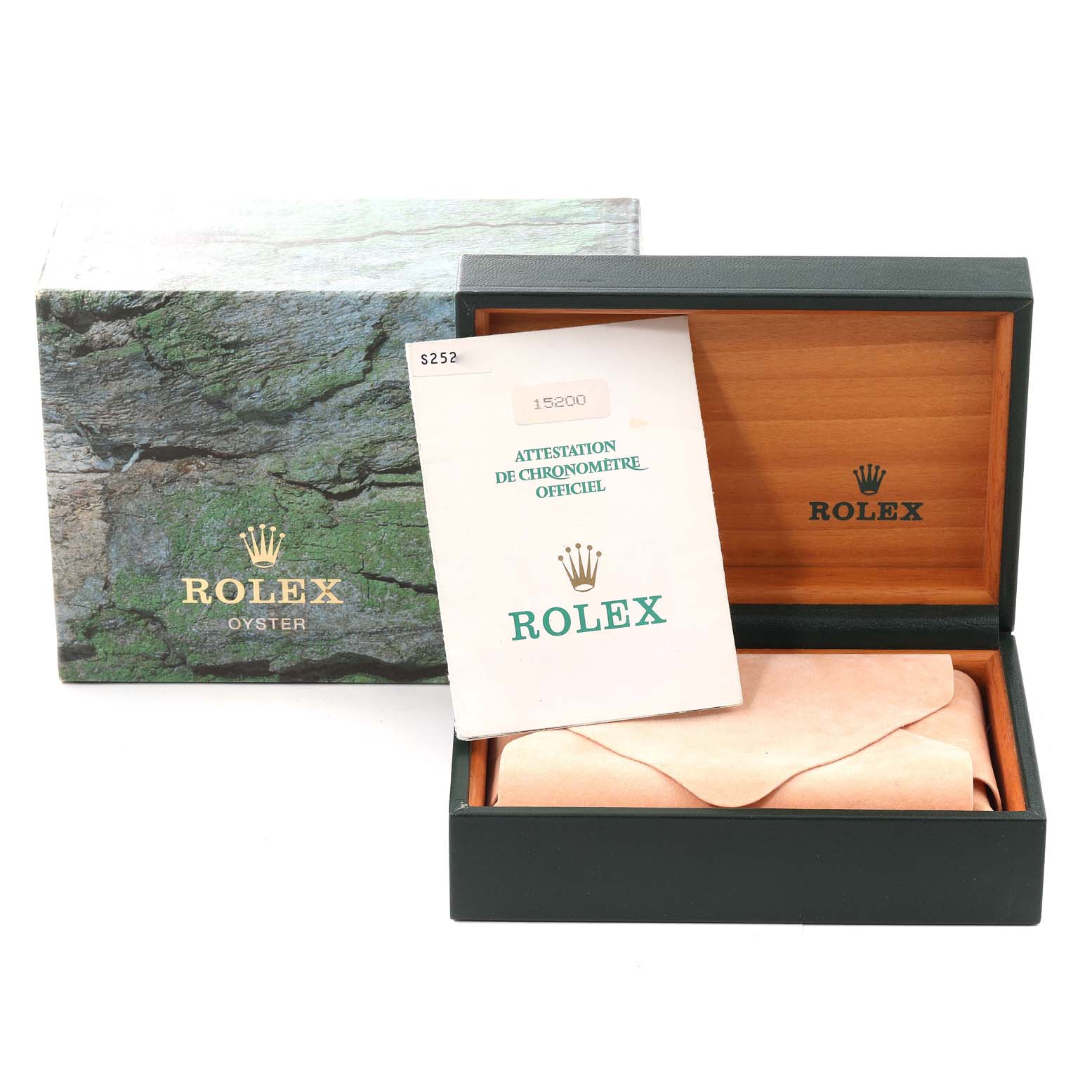 The image shows a Rolex Date 15200 Men's Stainless Steel White Dial 15200 Men's Stainless Steel White Dial model watch box, an official chronometer certification, and inner packaging.