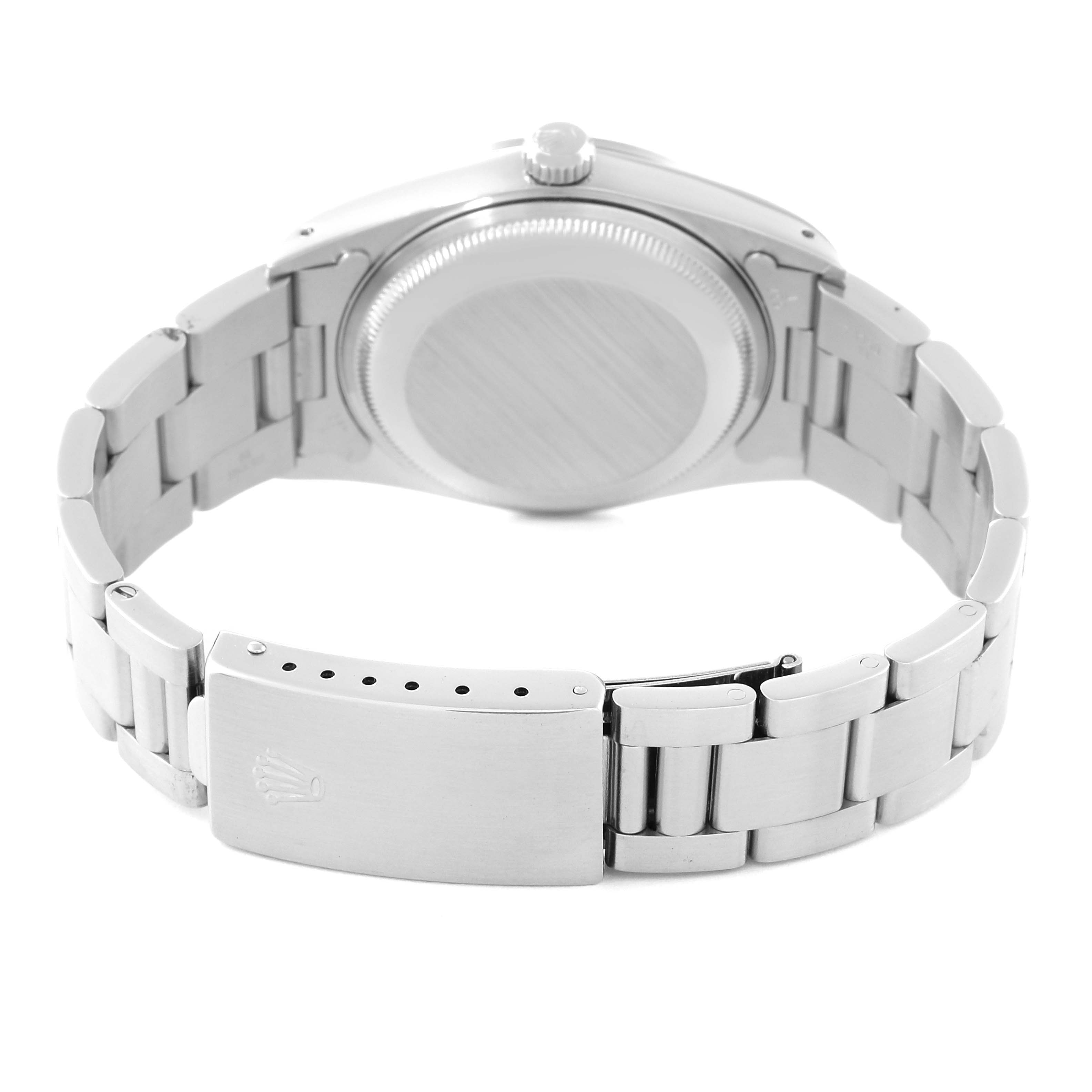 The image shows the back view of a Rolex Date 15200 Men
s Stainless Steel Silver Dial 15200 Men
s Stainless Steel Silver Dial model, highlighting the bracelet and clasp.