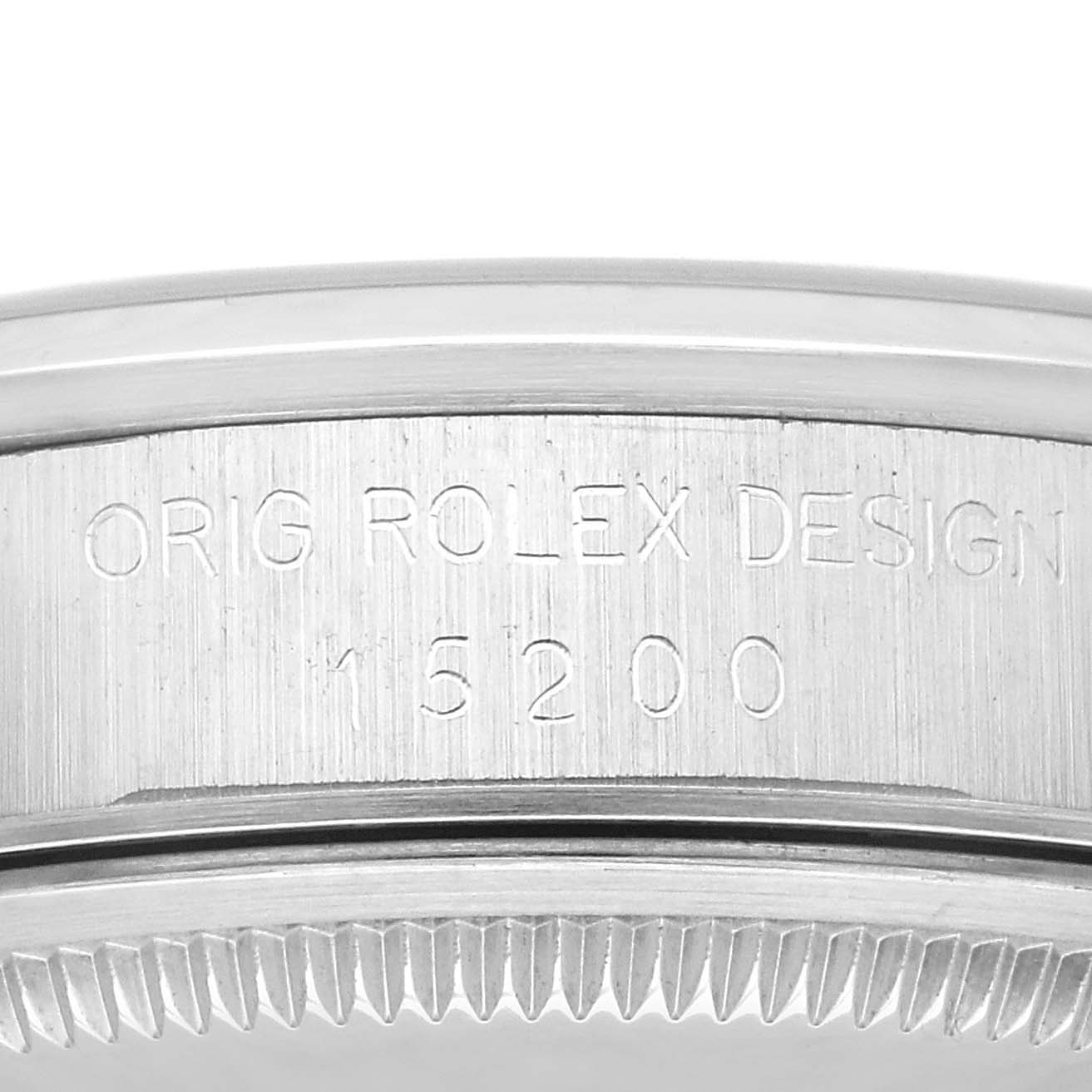 This image shows a close-up of the case side and bezel of a Rolex Date 15200 Men
s Stainless Steel Silver Dial 15200 Men
s Stainless Steel Silver Dial model watch, showing the engraved "ORIG ROLEX DESIGN."