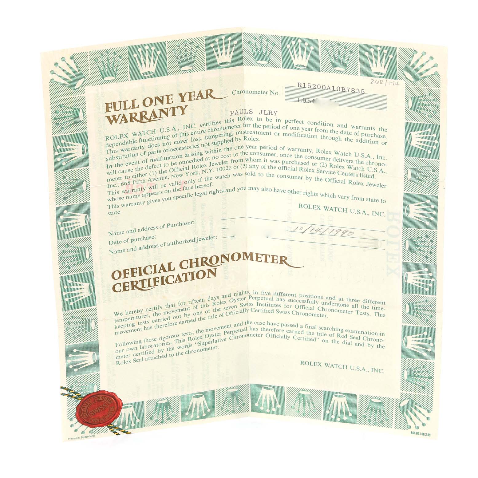 This image shows the official one-year warranty and chronometer certification for a Rolex Date 15200 Men
s Stainless Steel Silver Dial 15200 Men
s Stainless Steel Silver Dial model watch, viewed flat and open.