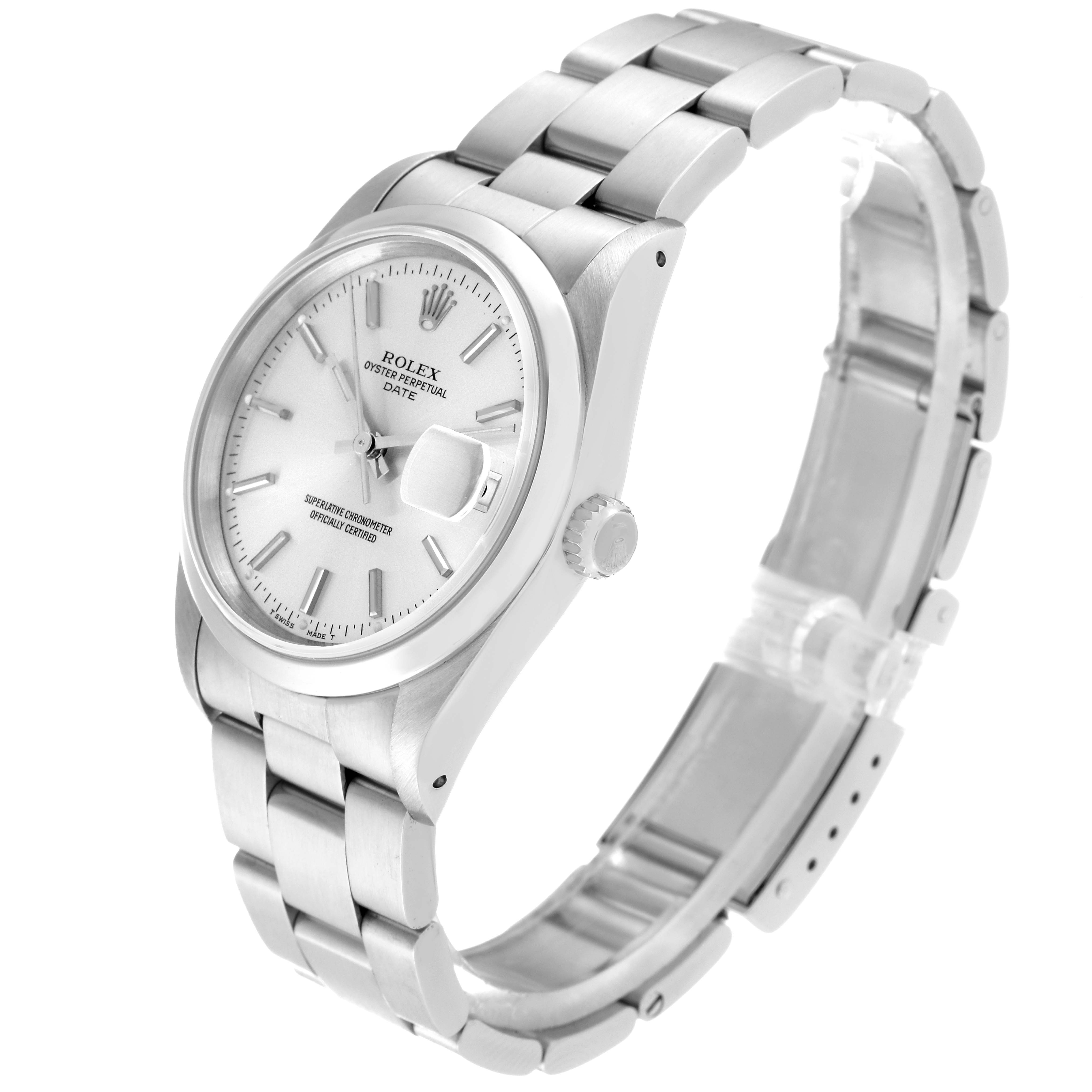 This image shows a Rolex Date 15200 Men
s Stainless Steel Silver Dial 15200 Men
s Stainless Steel Silver Dial model watch at an angled side view, highlighting the dial, bracelet, case, and crown.