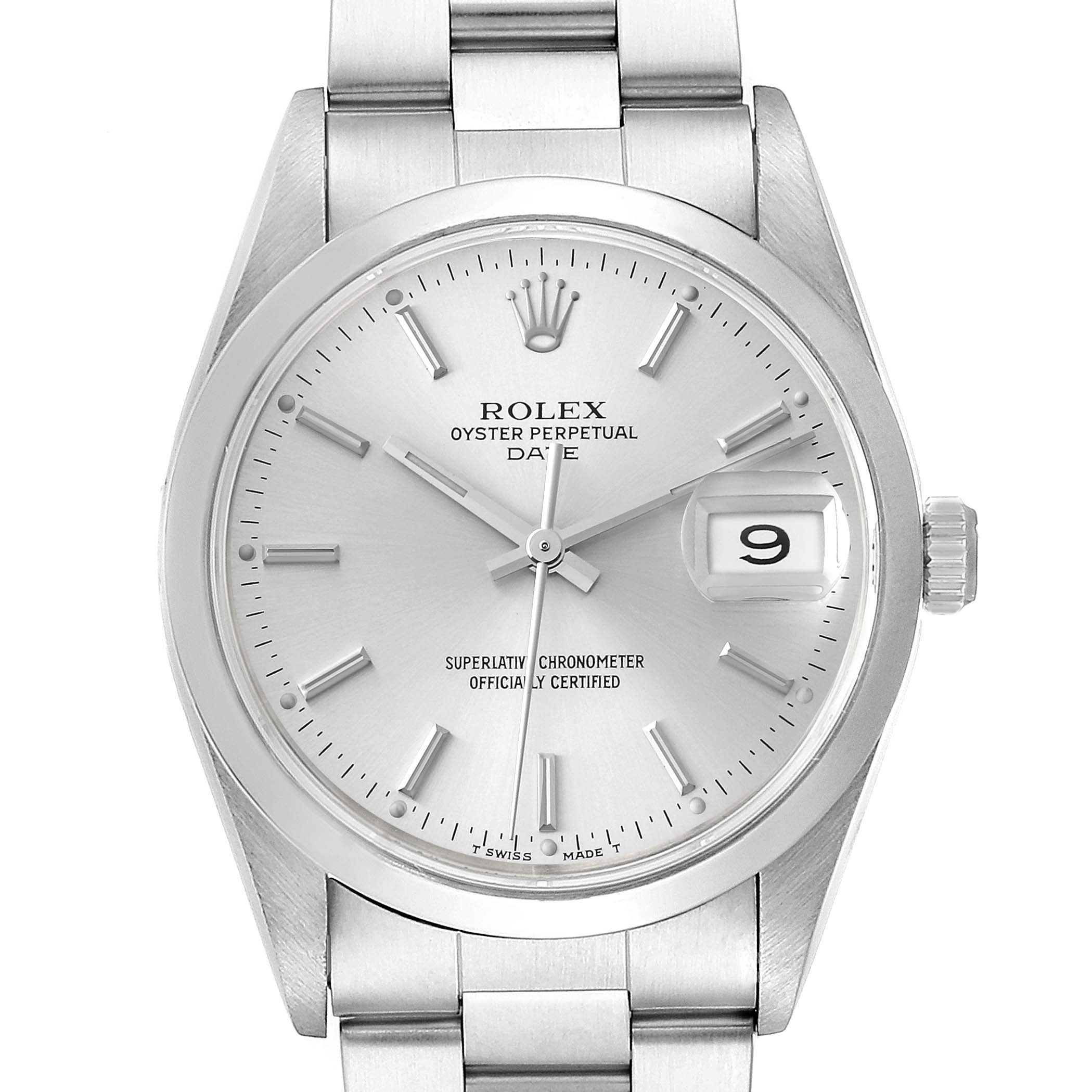 The image shows a front view of a Rolex Oyster Perpetual Date watch, highlighting the dial, date window, crown, and part of the bracelet.