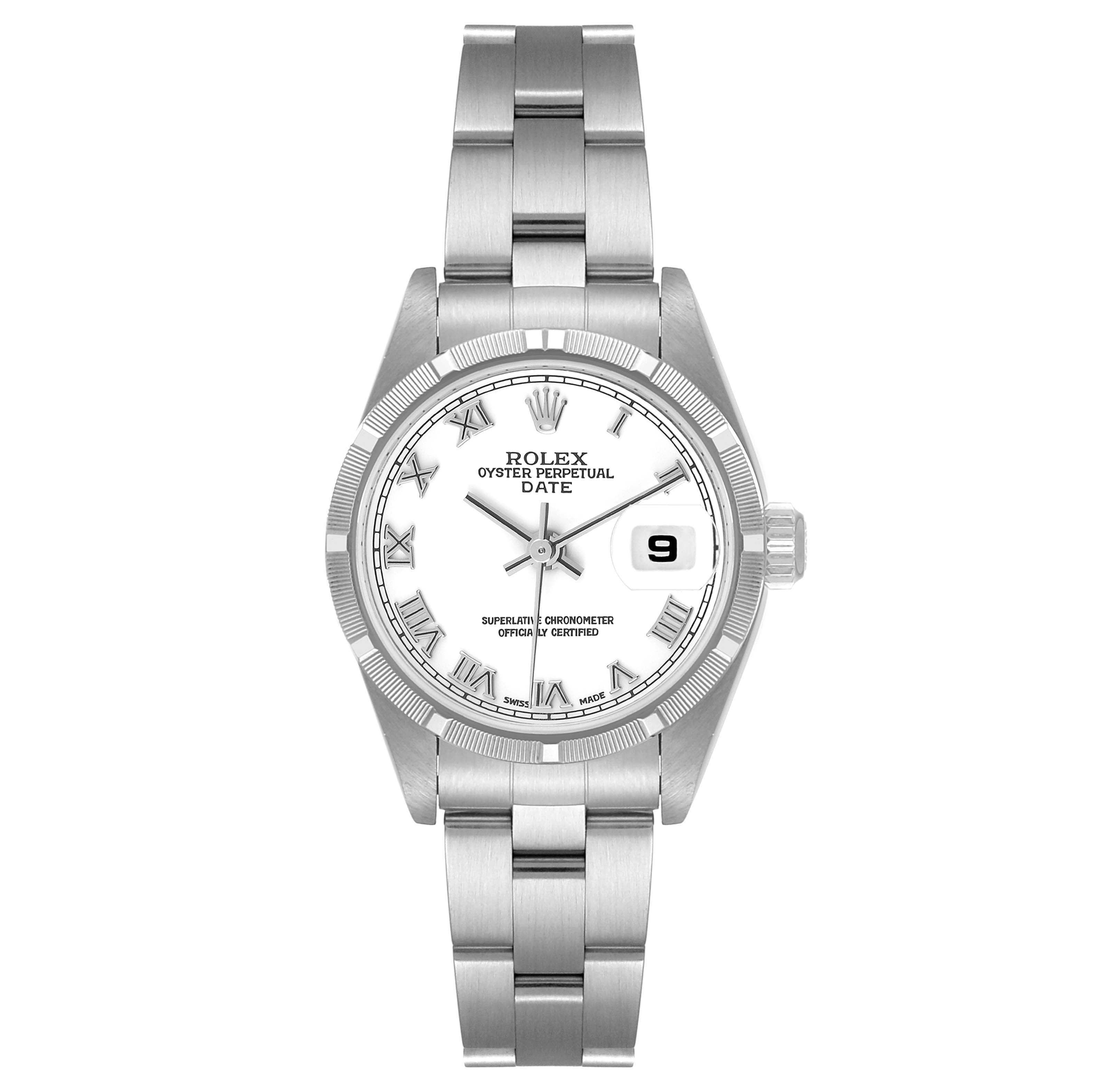 The Rolex Date 79190 Women's Stainless Steel White Dial 79190 Women's Stainless Steel White Dial model is shown from a front angle, displaying the full face, bracelet, and clasp.