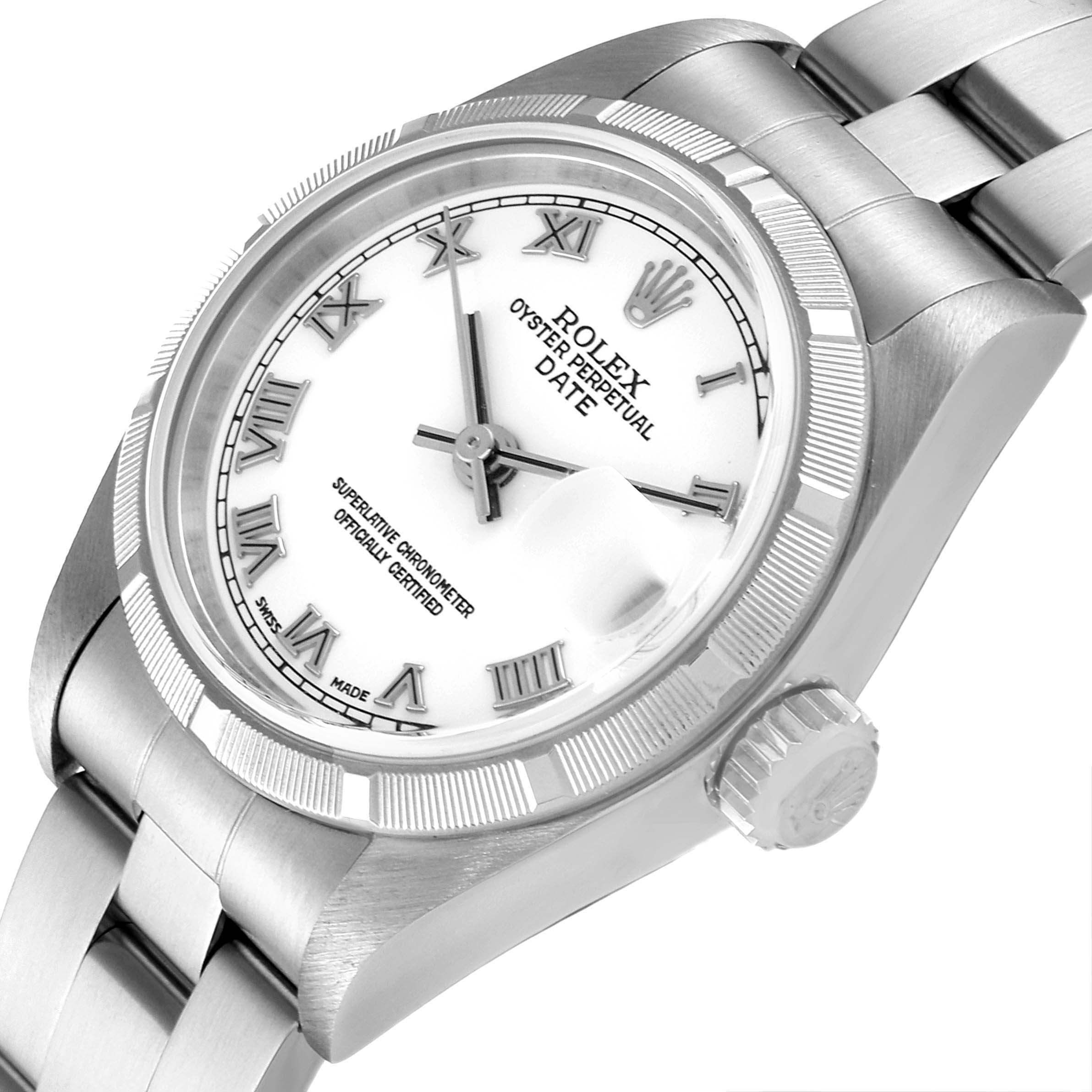 This image shows a Rolex Date 79190 Women's Stainless Steel White Dial 79190 Women's Stainless Steel White Dial model watch from an angled top-down view, highlighting the face, bezel, crown, and bracelet.