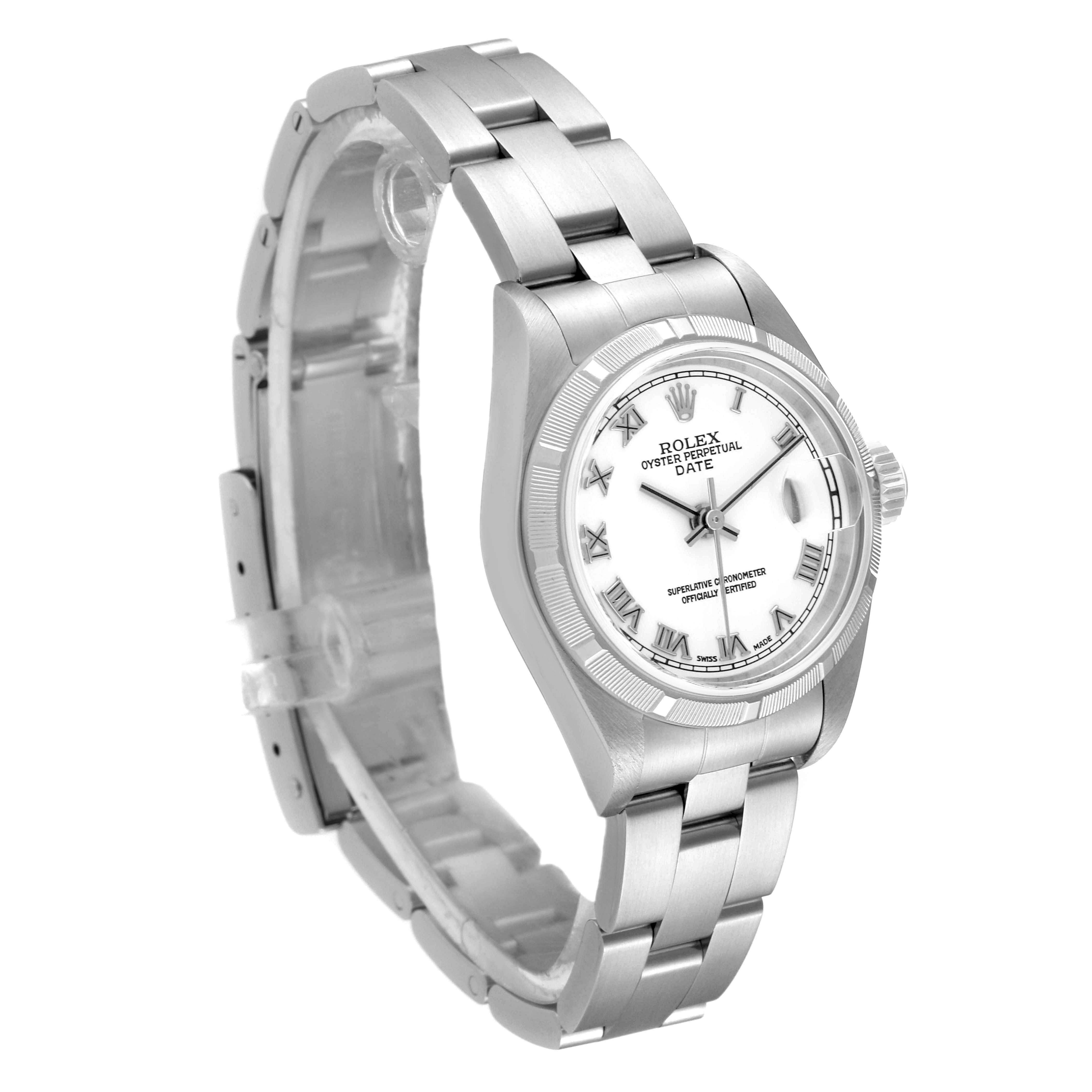 The image shows a side angle of the Rolex Date 79190 Women's Stainless Steel White Dial 79190 Women's Stainless Steel White Dial model, highlighting its bracelet, case, crown, and face.