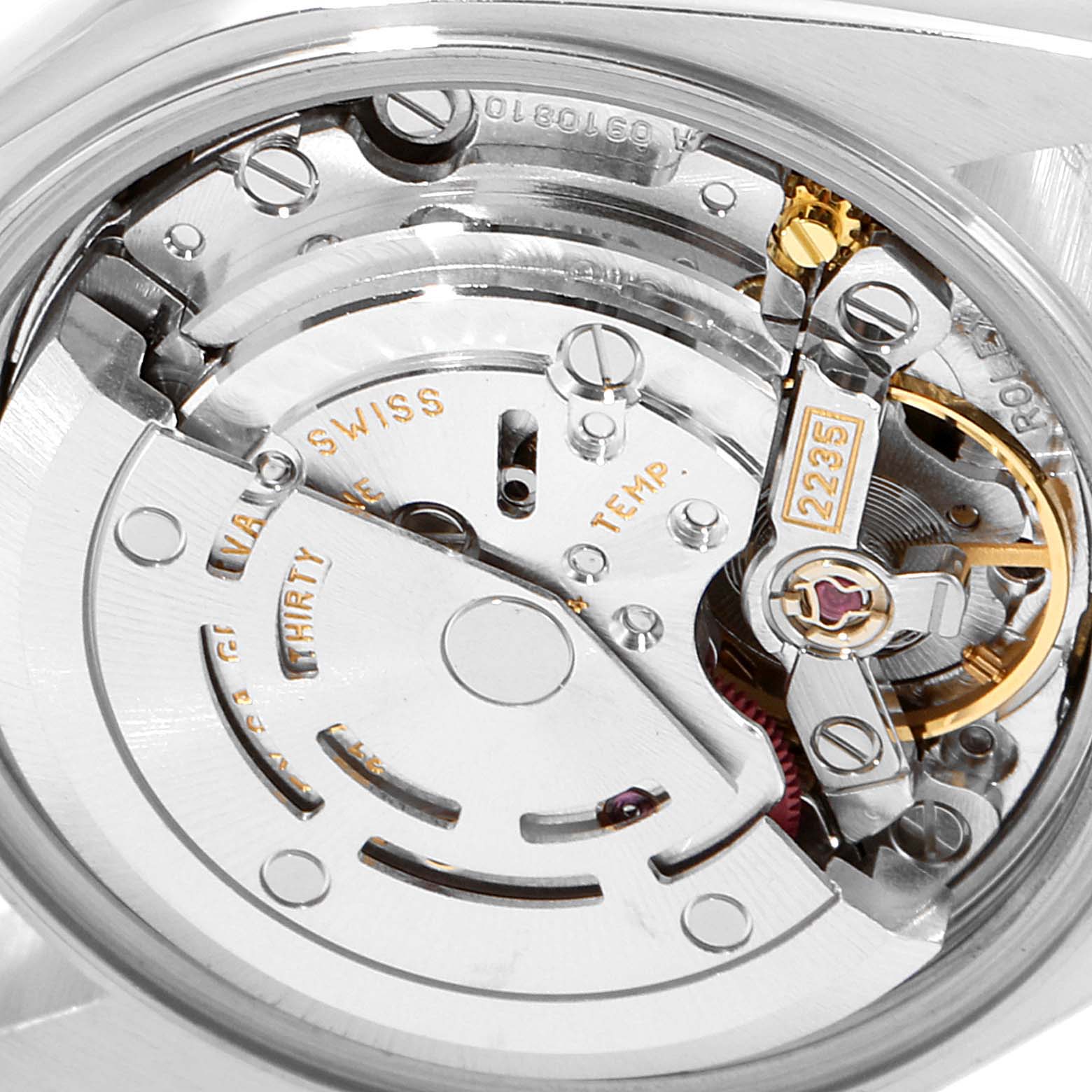 This image shows a close-up of the movement mechanism of a Rolex Date 79190 Women's Stainless Steel White Dial 79190 Women's Stainless Steel White Dial model watch.