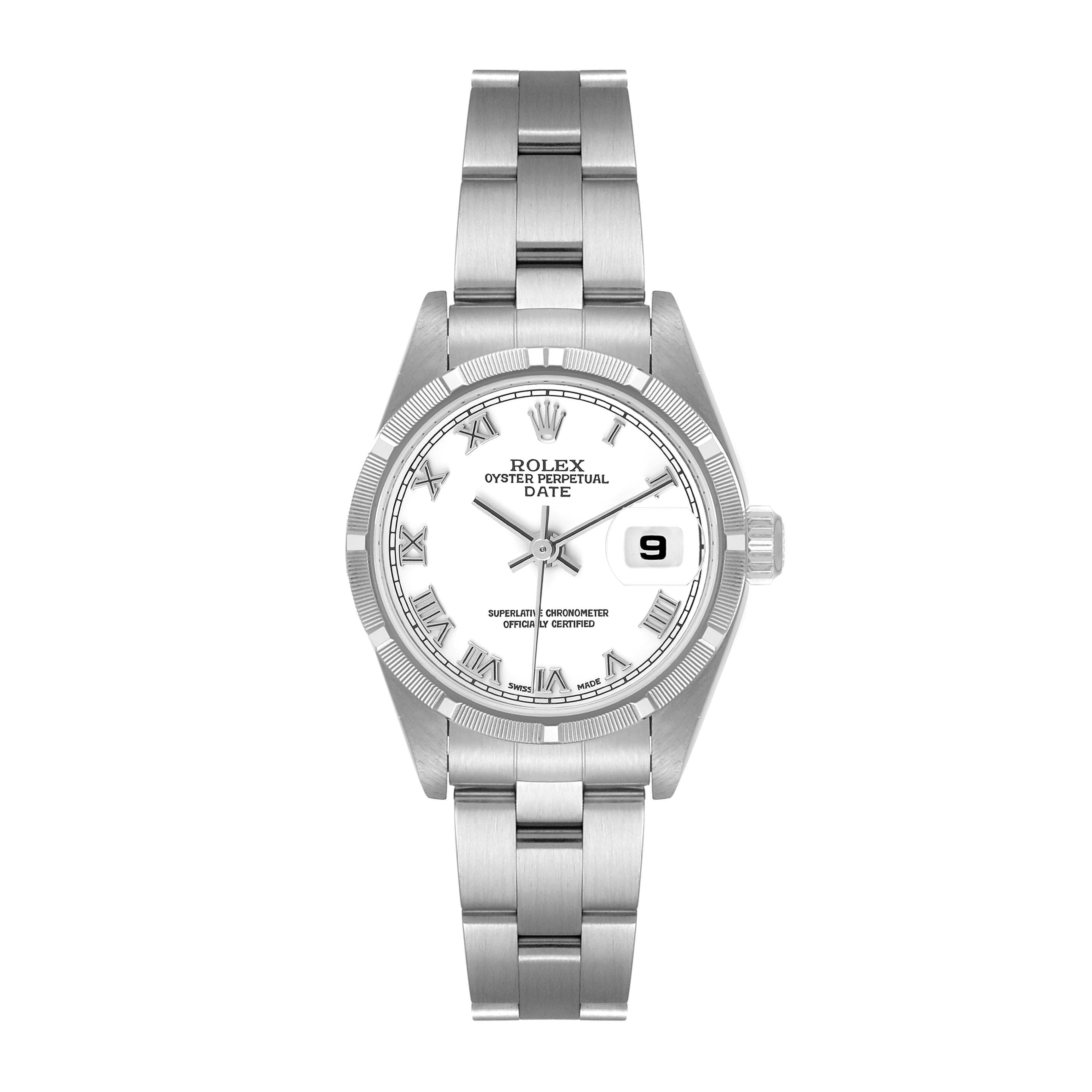The image shows a front view of the Rolex Date 79190 Women's Stainless Steel White Dial 79190 Women's Stainless Steel White Dial model, displaying the dial, bezel, bracelet, and date window.