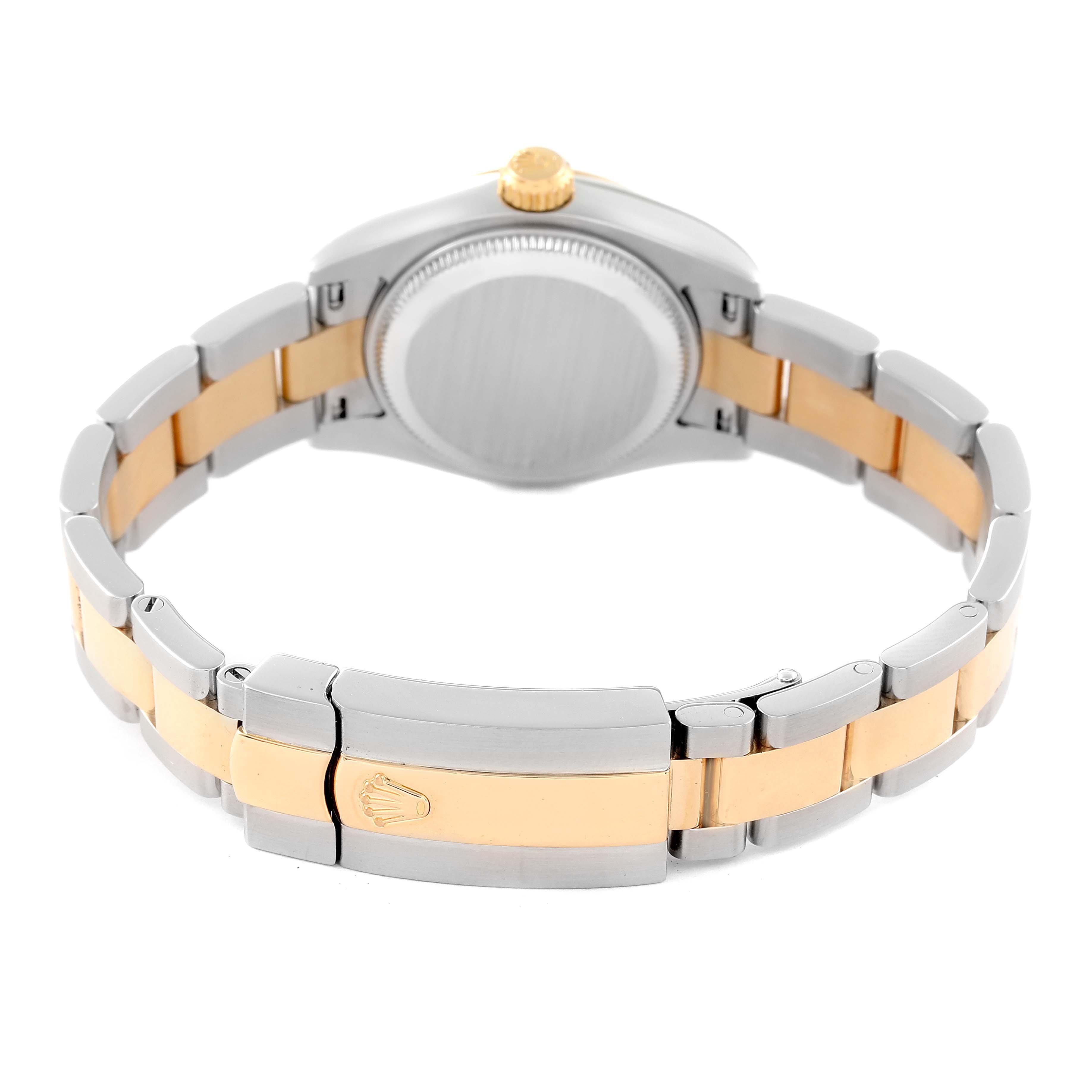 The image shows the back view and bracelet clasp of a Rolex Datejust 179173 Women's Steel and Gold (two tone) Champagne Dial 179173 Women's Steel and Gold (two tone) Champagne Dial watch.
