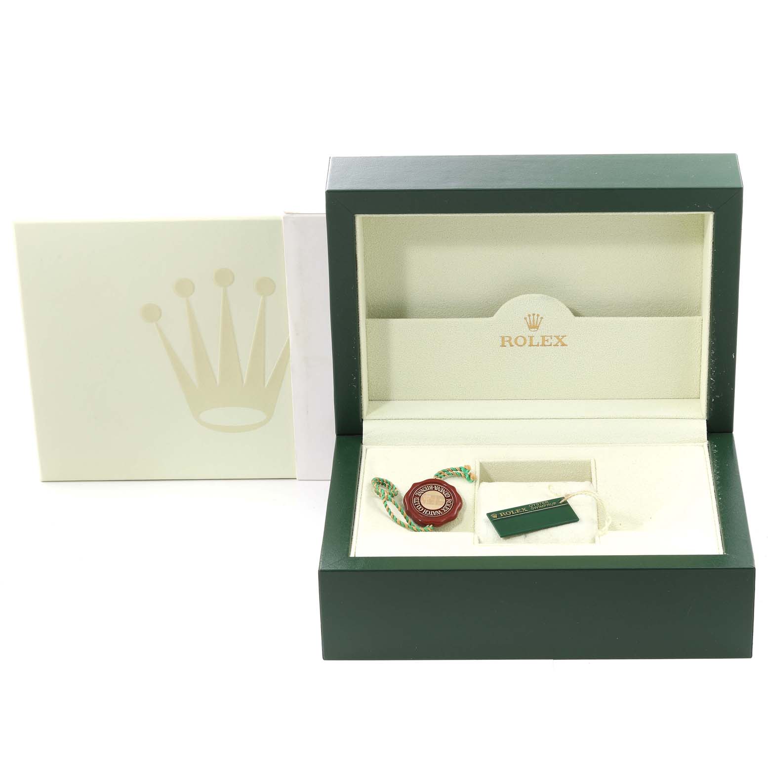 The image shows an open Rolex Datejust 179173 Women's Steel and Gold (two tone) Champagne Dial 179173 Women's Steel and Gold (two tone) Champagne Dial box at a straight-on angle, containing accessories and tags but no watch.