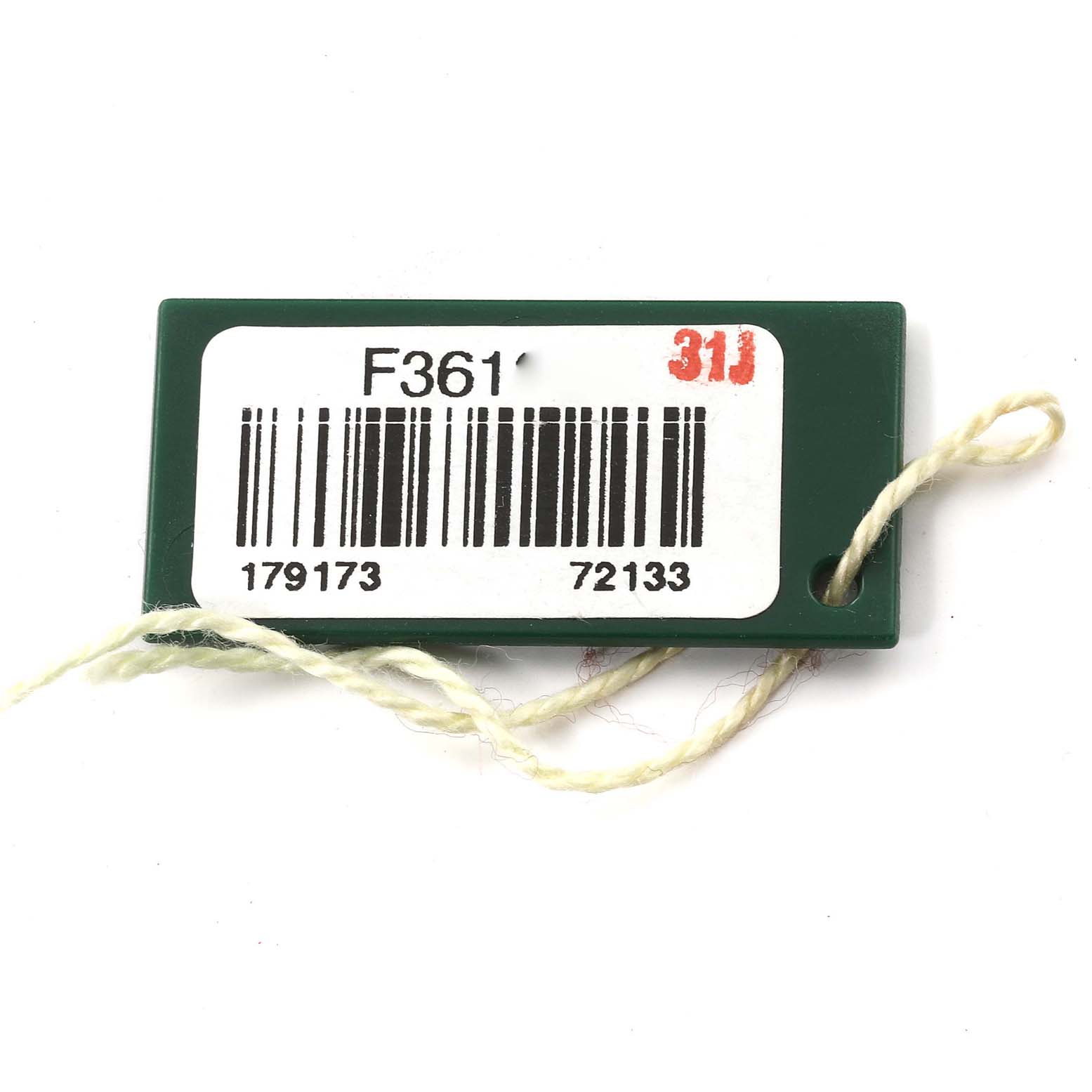 The image shows a green tag with a barcode, numbers, and string, likely an accessory for the Rolex Datejust 179173 Women's Steel and Gold (two tone) Champagne Dial 179173 Women's Steel and Gold (two tone) Champagne Dial model watch.