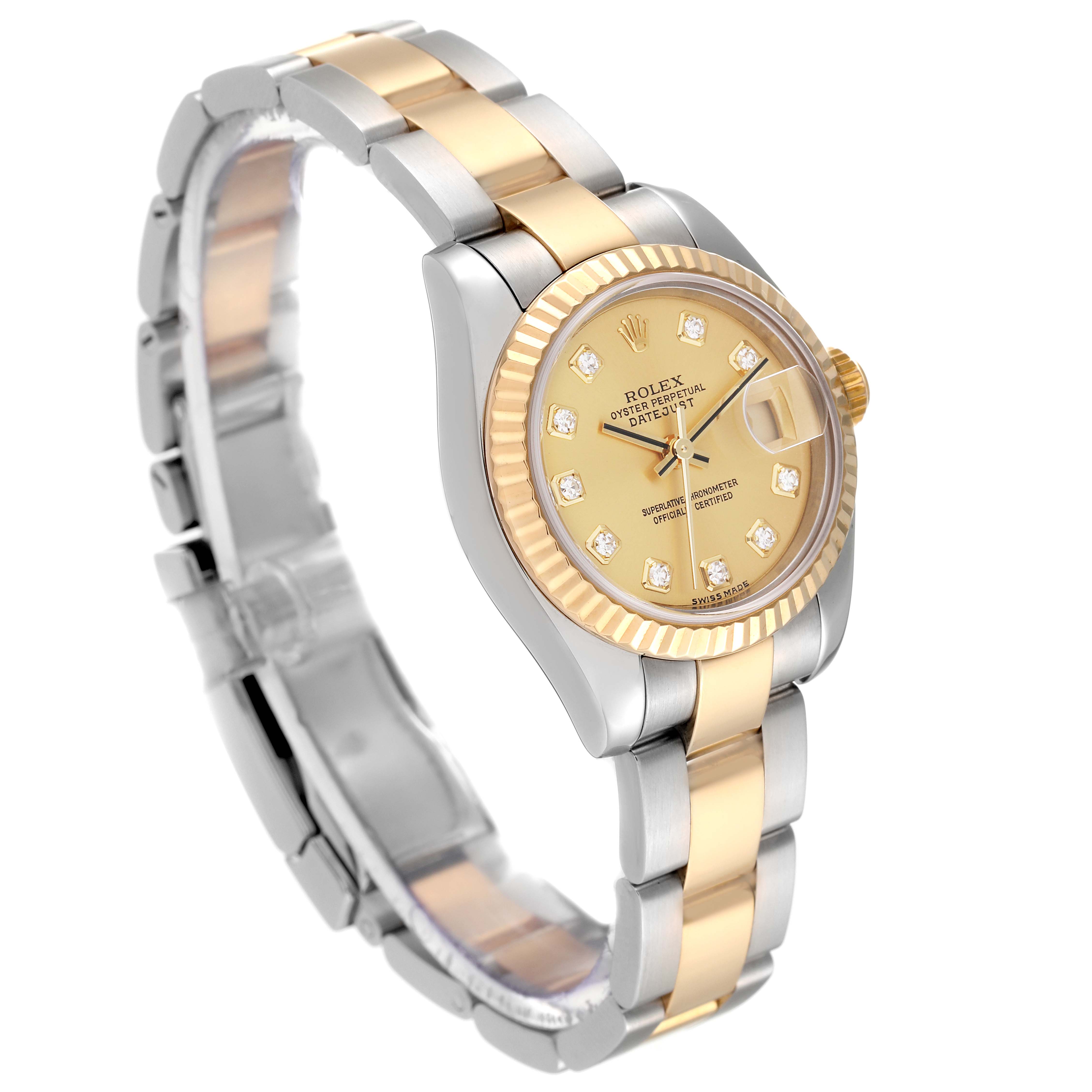 The Rolex Datejust 179173 Women's Steel and Gold (two tone) Champagne Dial 179173 Women's Steel and Gold (two tone) Champagne Dial watch is shown at a three-quarter angle, highlighting the bracelet, dial, and fluted bezel.