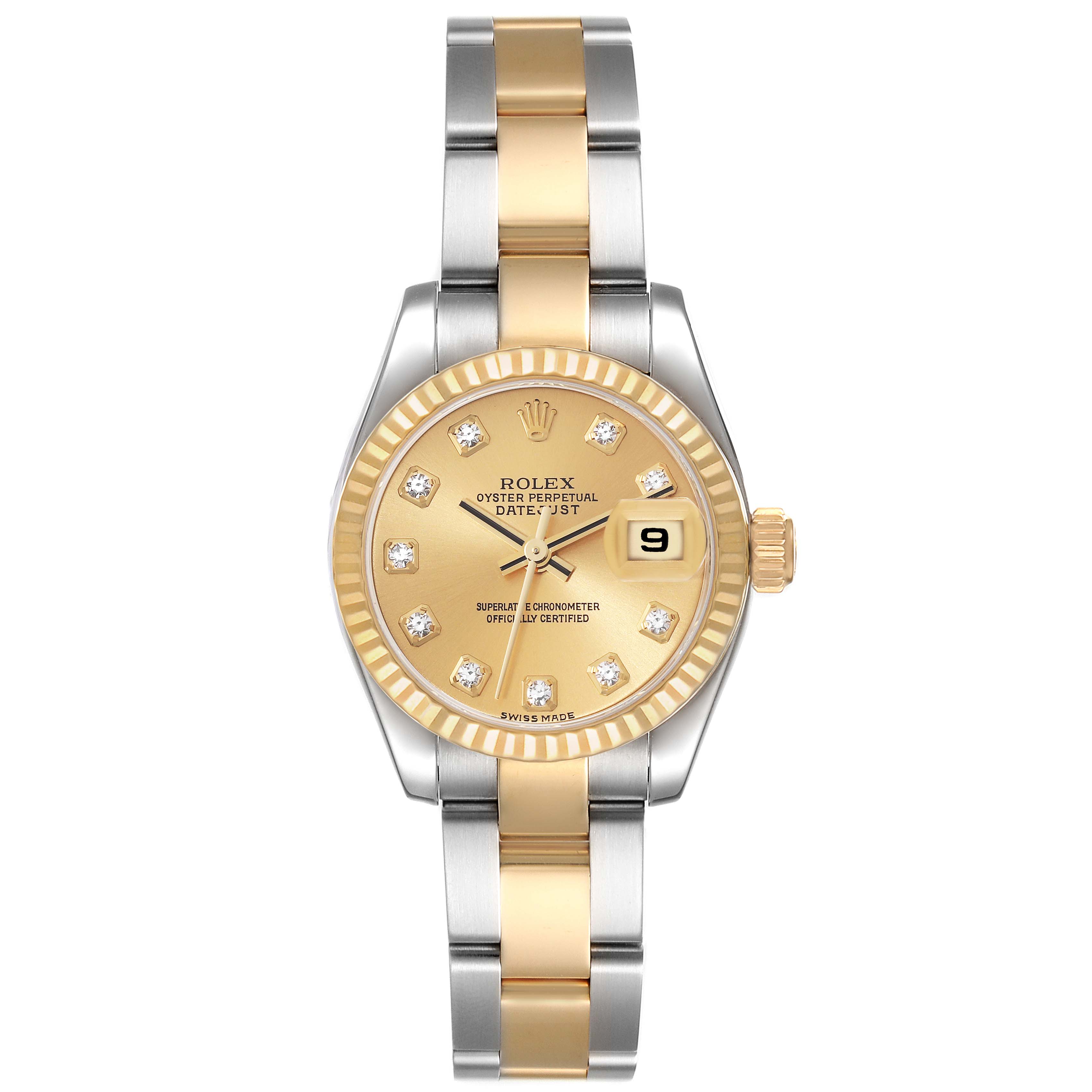 This Rolex Datejust 179173 Women's Steel and Gold (two tone) Champagne Dial 179173 Women's Steel and Gold (two tone) Champagne Dial watch is shown from a straight-on angle, highlighting the dial, bezel, and two-tone bracelet.