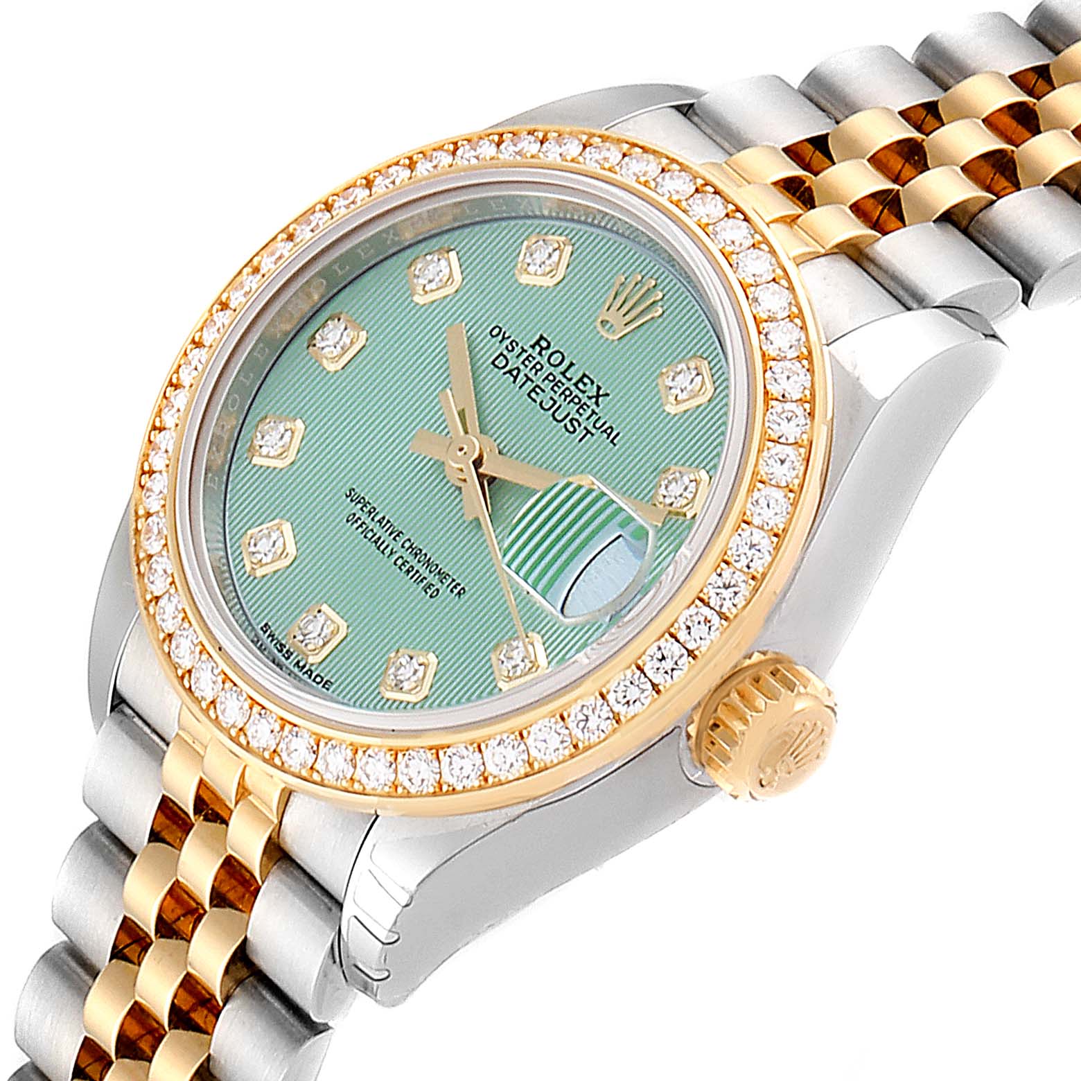 This image shows a Rolex Datejust 279383 Women's Steel and Gold (two tone) Green Dial 279383 Women's Steel and Gold (two tone) Green Dial watch at an angled view, highlighting the bezel, crown, dial, and part of the bracelet.