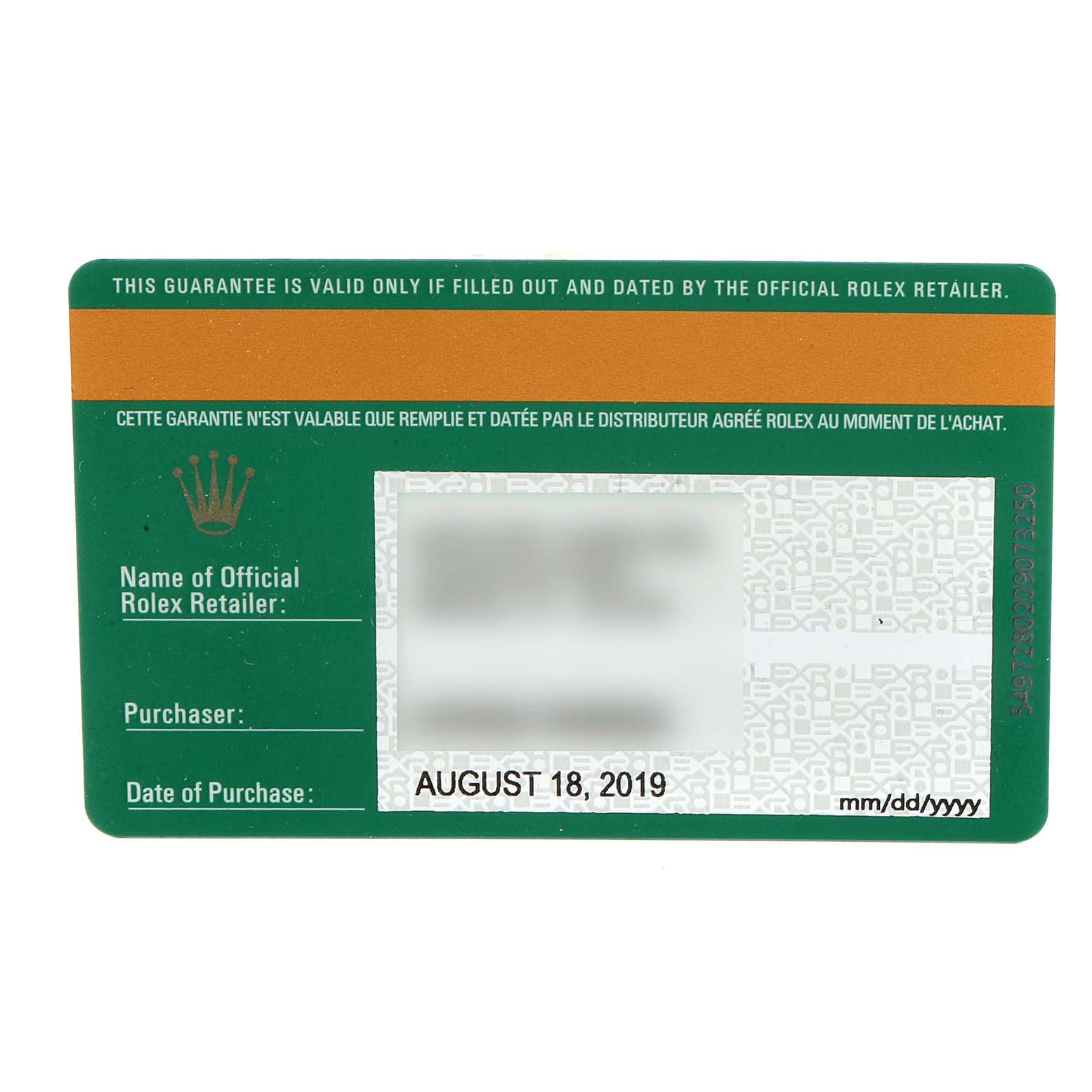 This is a warranty card for a Rolex Datejust 279383 Women's Steel and Gold (two tone) Green Dial 279383 Women's Steel and Gold (two tone) Green Dial model, displaying details like the date of purchase and retailer information.