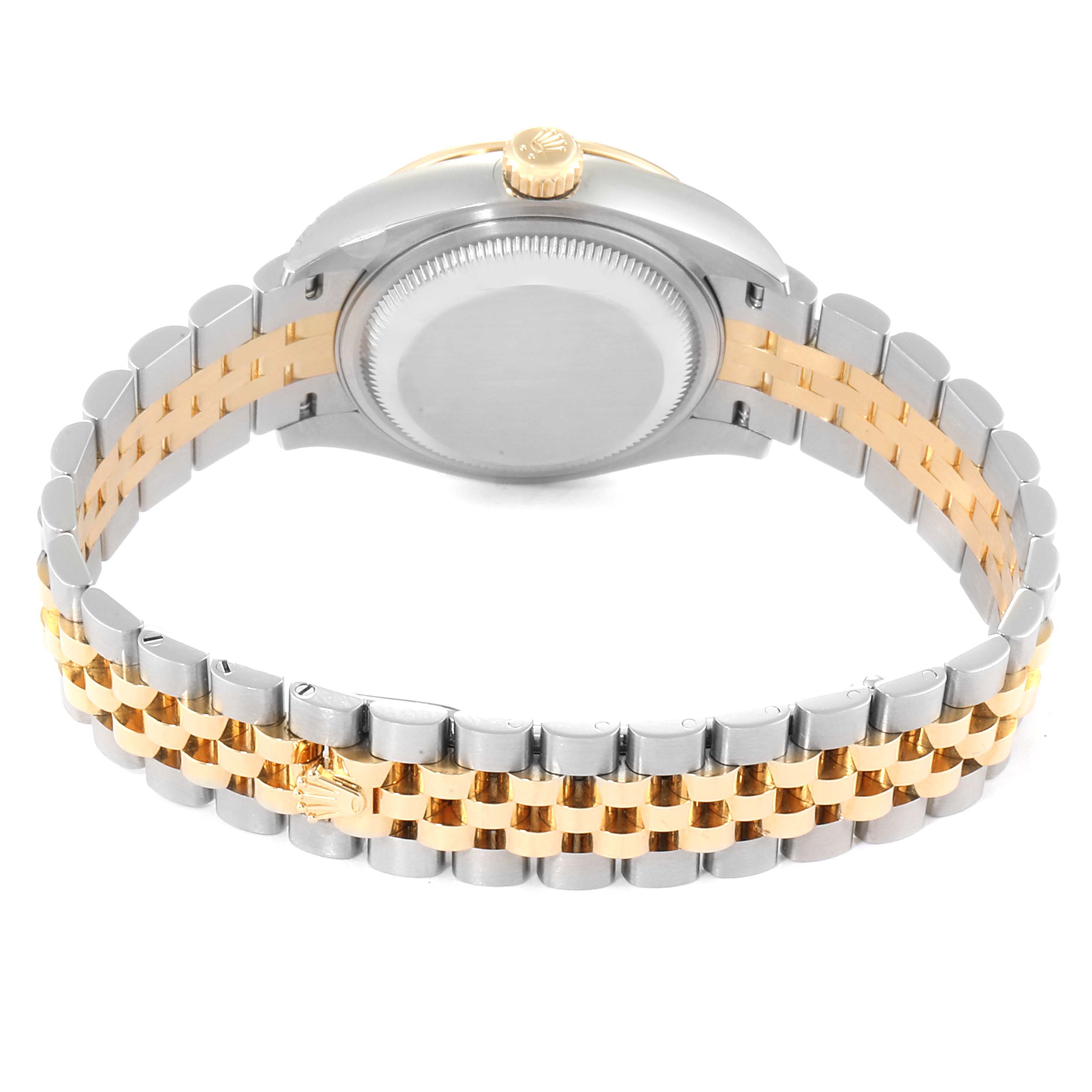 The image shows the back case and the bracelet of a Rolex Datejust 279383 Women's Steel and Gold (two tone) Green Dial 279383 Women's Steel and Gold (two tone) Green Dial watch, angled from the rear.