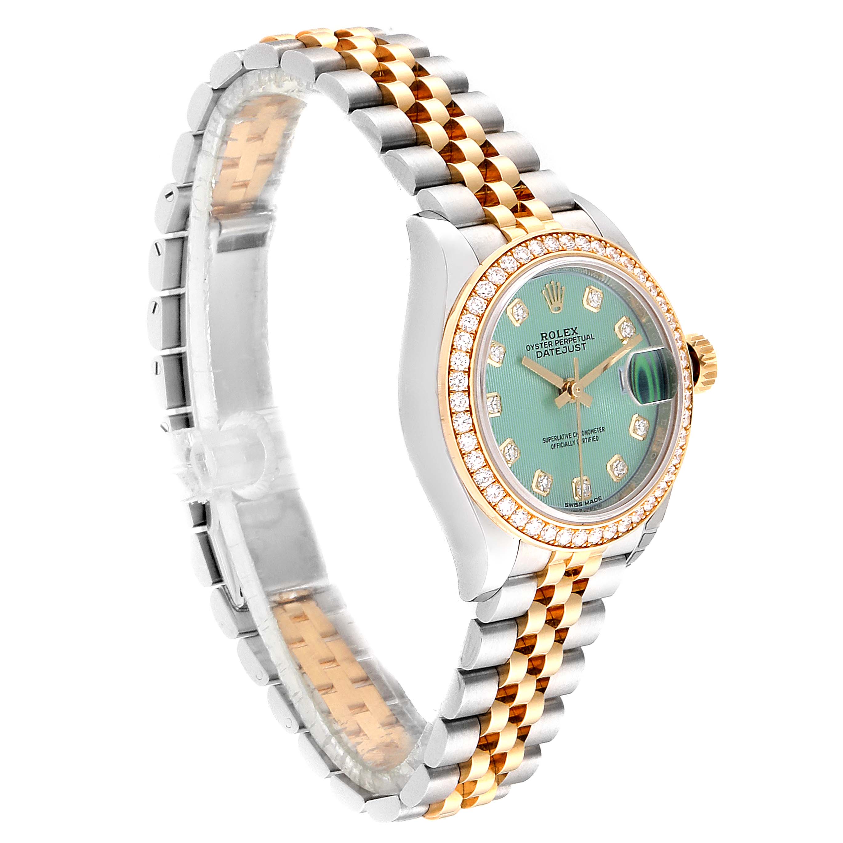 This image shows a side angle of a Rolex Datejust 279383 Women's Steel and Gold (two tone) Green Dial 279383 Women's Steel and Gold (two tone) Green Dial watch, highlighting its two-tone bracelet and diamond-set bezel.