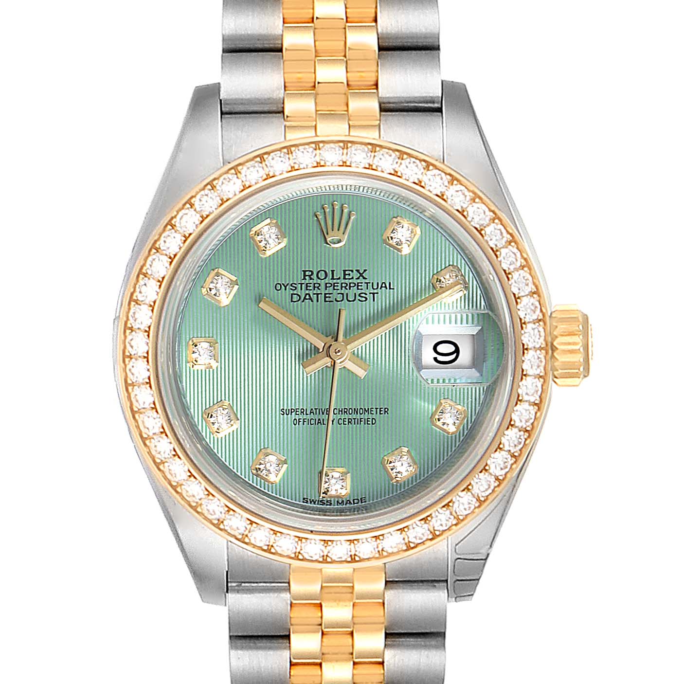 This image shows a Rolex Datejust 279383 Women's Steel and Gold (two tone) Green Dial 279383 Women's Steel and Gold (two tone) Green Dial watch from a front angle, featuring a green dial, diamond hour markers, gold bezel, and two-tone bracelet.