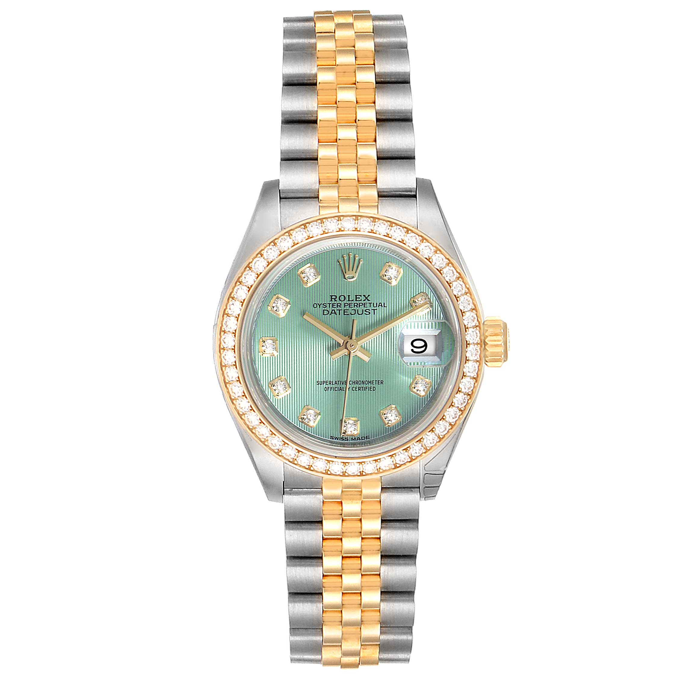 This Rolex Datejust 279383 Women's Steel and Gold (two tone) Green Dial 279383 Women's Steel and Gold (two tone) Green Dial watch is shown from a top-down angle, displaying its face, bezel, and two-tone bracelet.