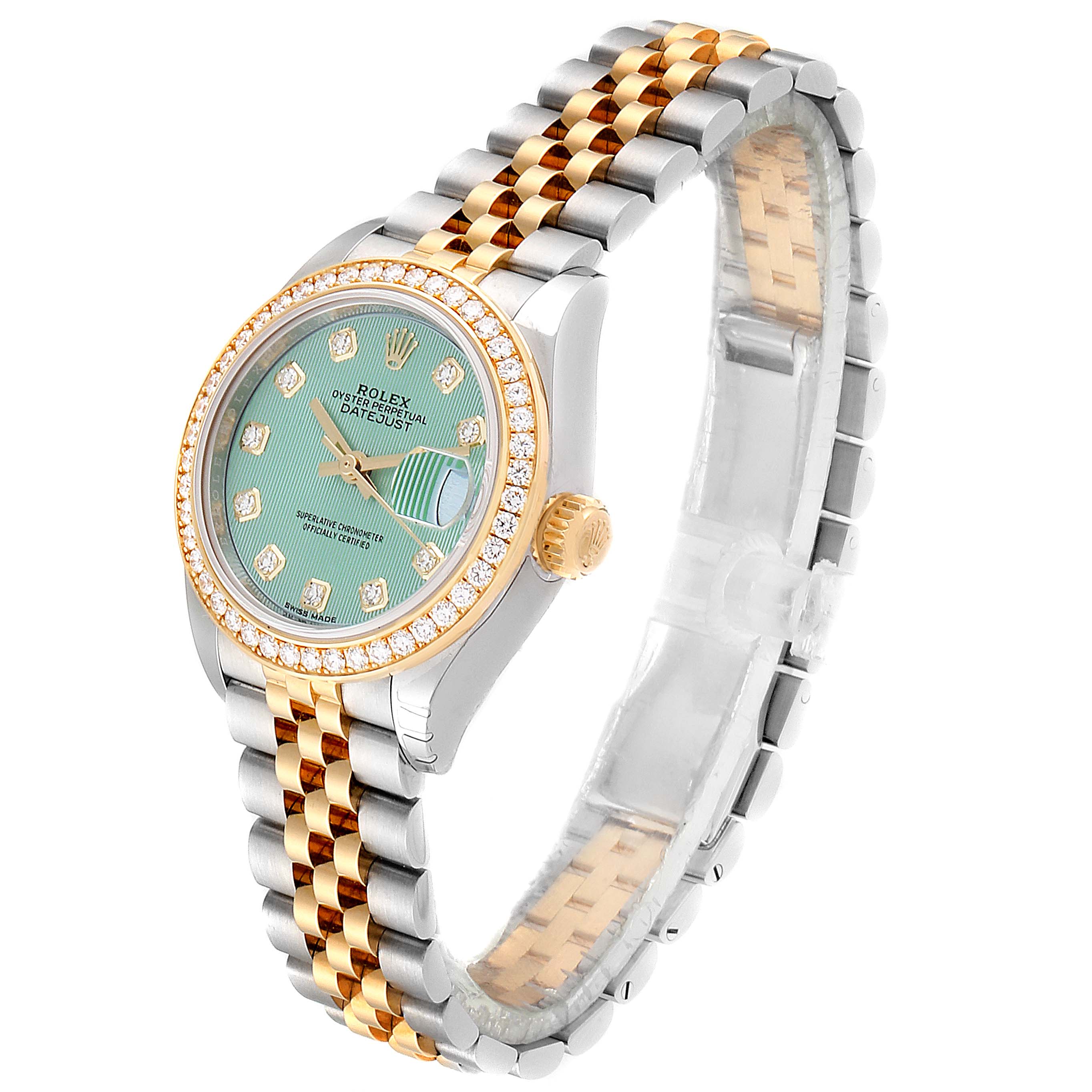 This image shows a Rolex Datejust 279383 Women's Steel and Gold (two tone) Green Dial 279383 Women's Steel and Gold (two tone) Green Dial watch at an angled side view, highlighting its jubilee bracelet, bezel, and crown.