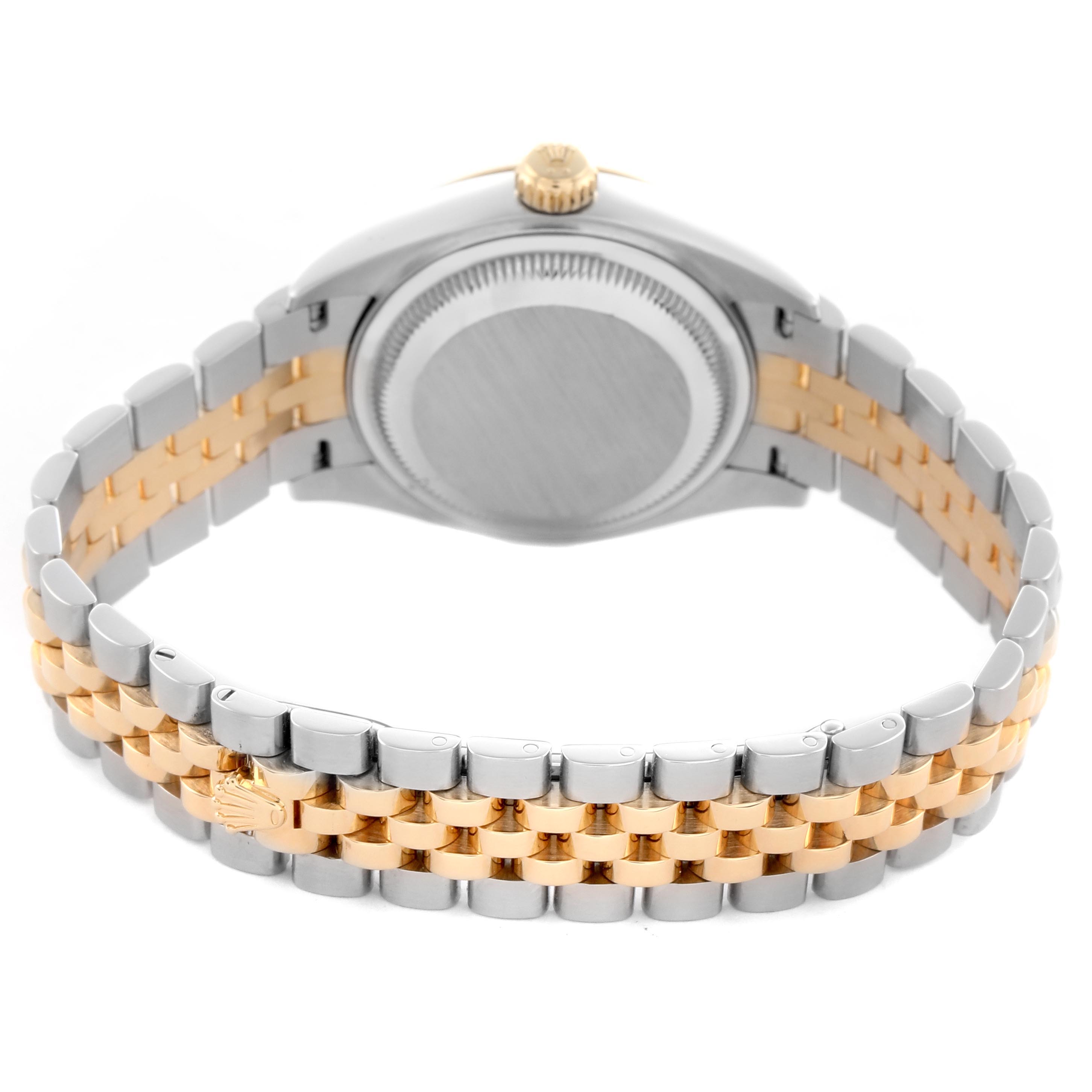 The image shows the back of the Rolex Datejust 279173 Women's Steel and Gold (two tone) Green Dial 279173 Women's Steel and Gold (two tone) Green Dial watch with a two-tone Jubilee bracelet and the case back visible.