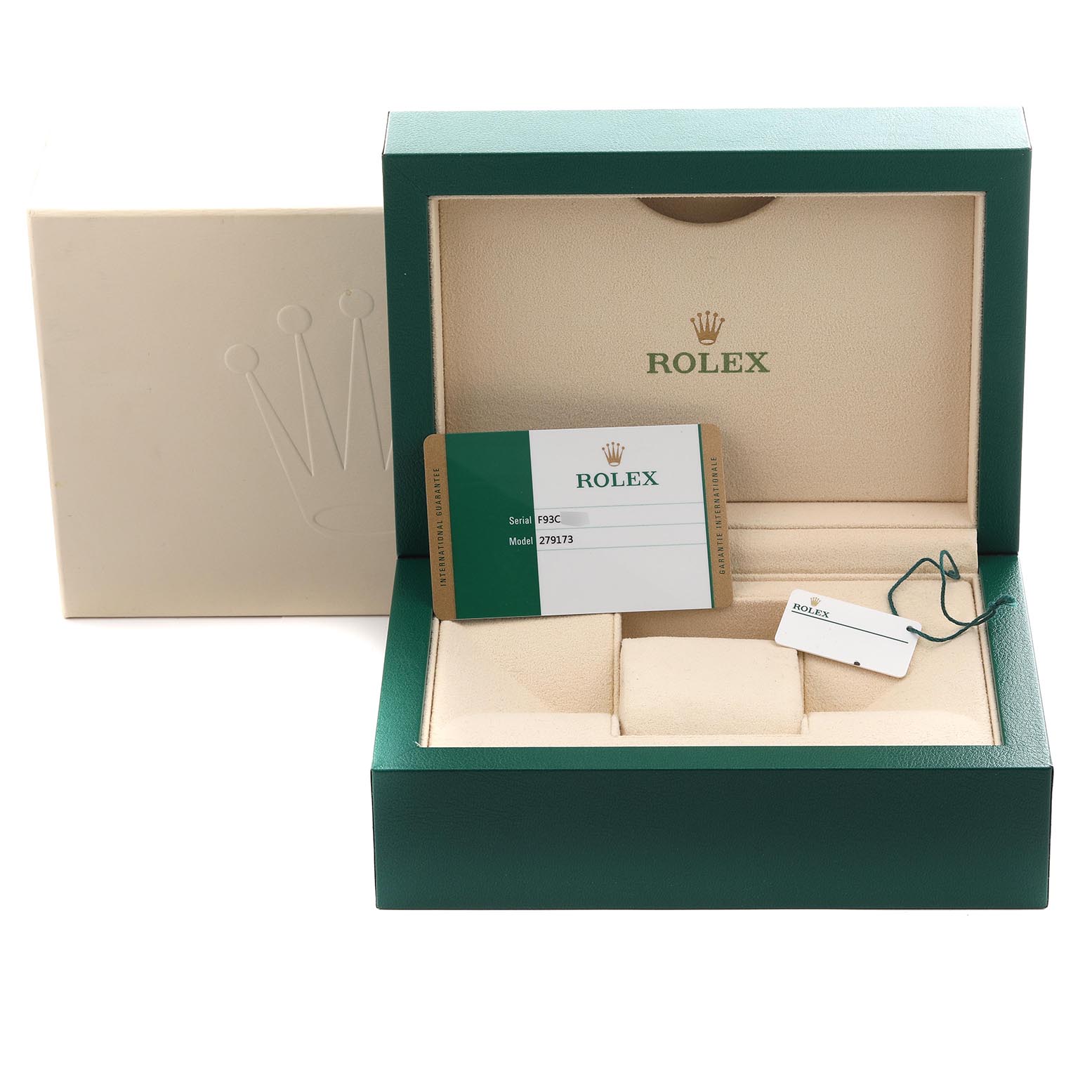 The image shows a Rolex Datejust 279173 Women's Steel and Gold (two tone) Green Dial 279173 Women's Steel and Gold (two tone) Green Dial watch box open with a tag and card visible, displaying accessories and packaging.