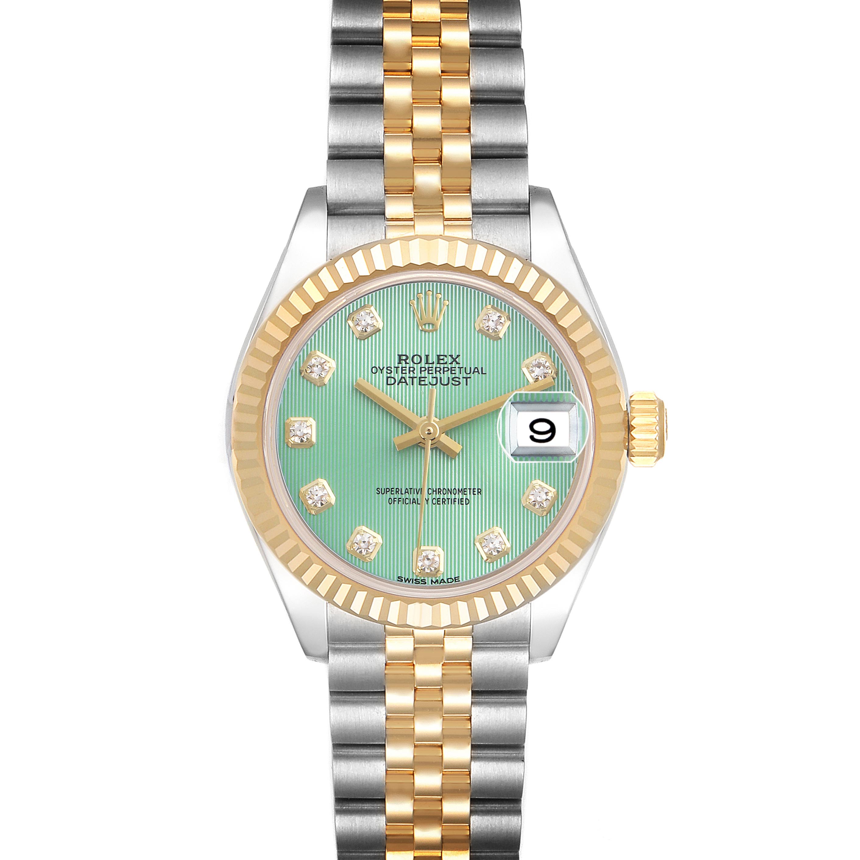 The Rolex Datejust 279173 Women's Steel and Gold (two tone) Green Dial 279173 Women's Steel and Gold (two tone) Green Dial watch is shown from the front, displaying the dial, bezel, and two-tone bracelet.