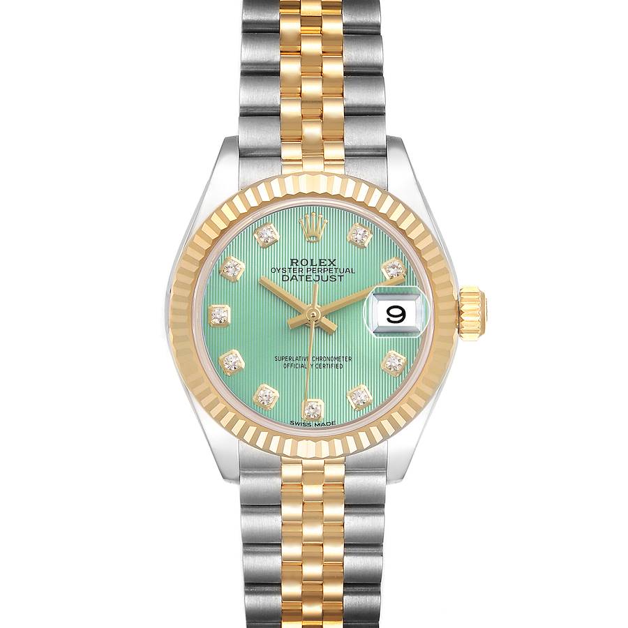 The Rolex Datejust watch is shown from the front, displaying the dial, bezel, and two-tone bracelet.