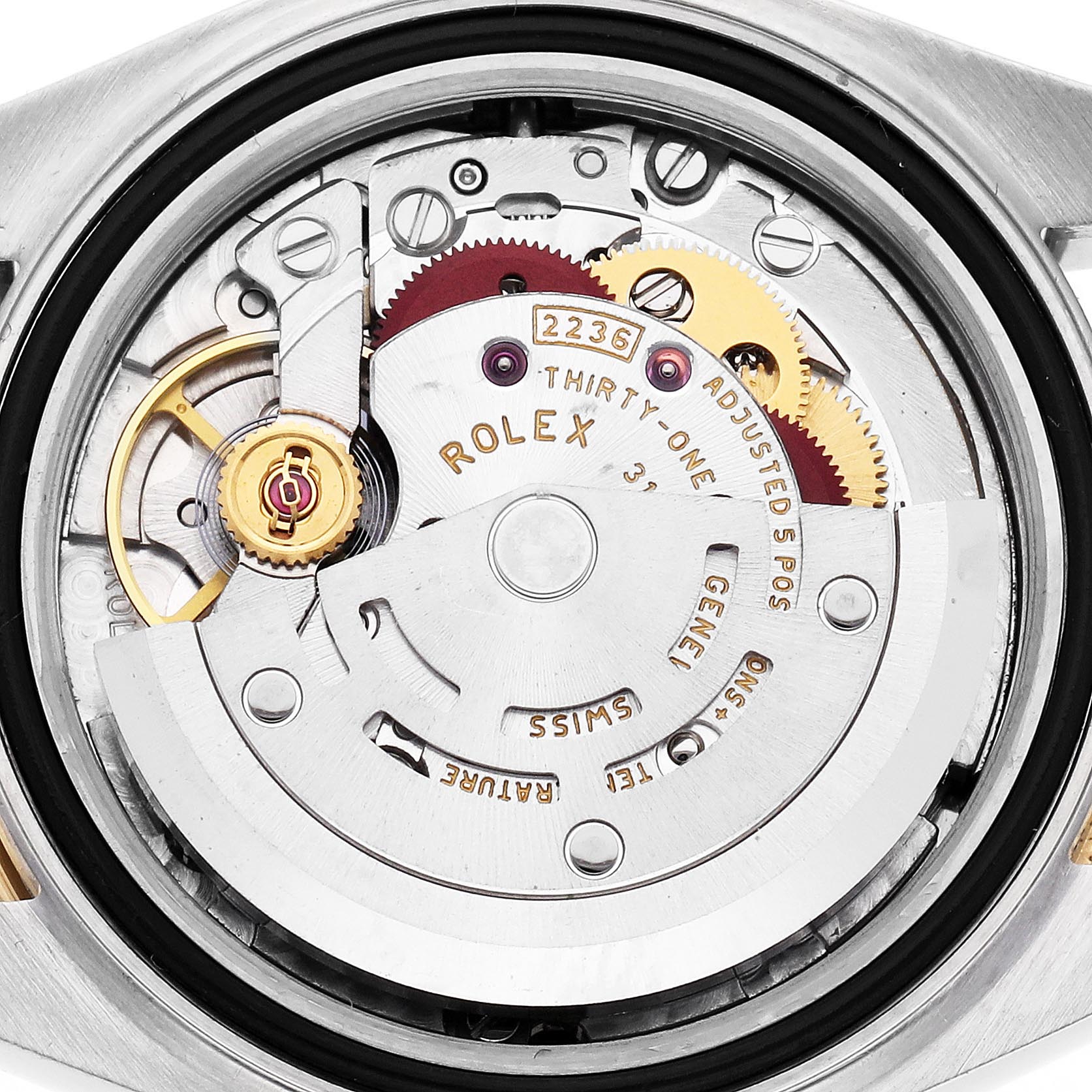 The image shows the movement of a Rolex Datejust 279173 Women's Steel and Gold (two tone) Green Dial 279173 Women's Steel and Gold (two tone) Green Dial watch, focusing on the intricate gears and components.