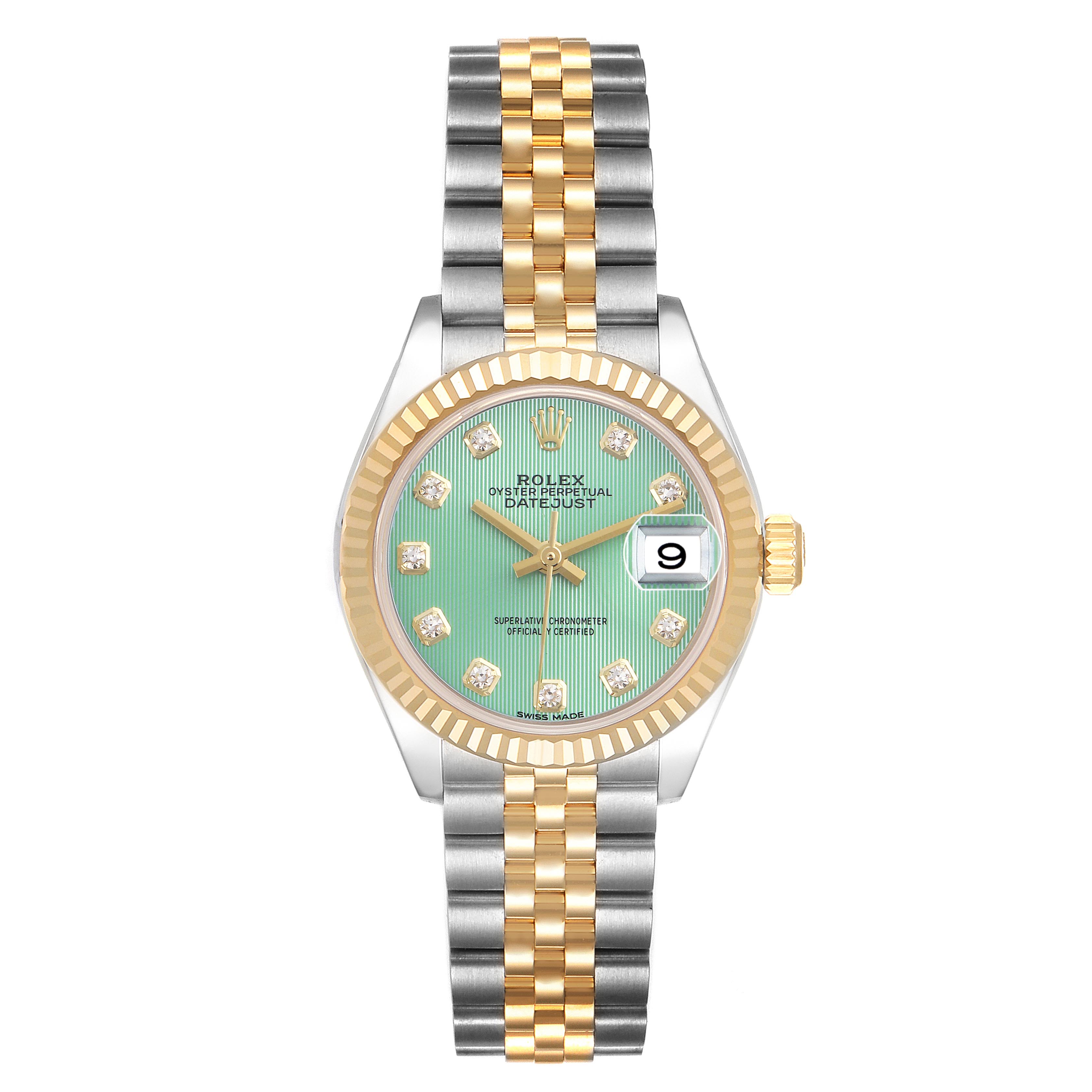 The Rolex Datejust 279173 Women's Steel and Gold (two tone) Green Dial 279173 Women's Steel and Gold (two tone) Green Dial watch is shown from the front, highlighting the dial, bezel, bracelet, and date window.
