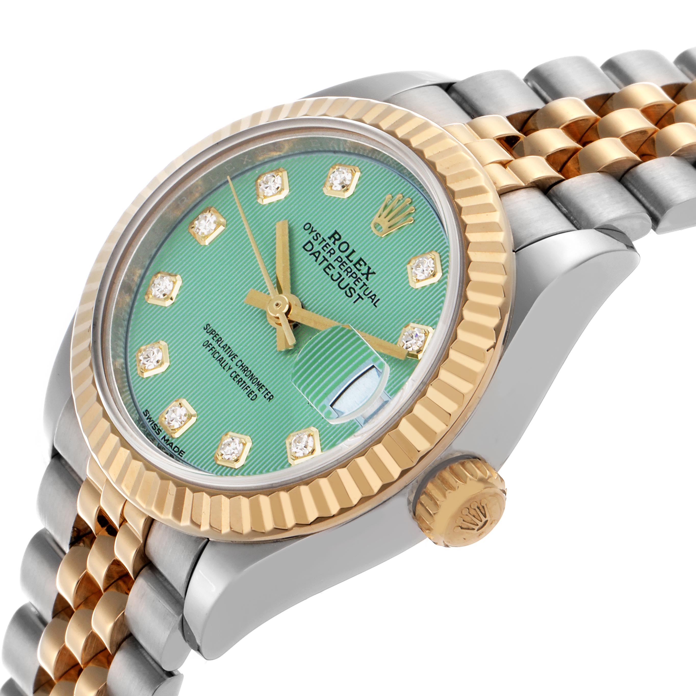 The Rolex Datejust 279173 Women's Steel and Gold (two tone) Green Dial 279173 Women's Steel and Gold (two tone) Green Dial watch is shown at an angled view, highlighting the dial, fluted bezel, crown, and two-tone bracelet.