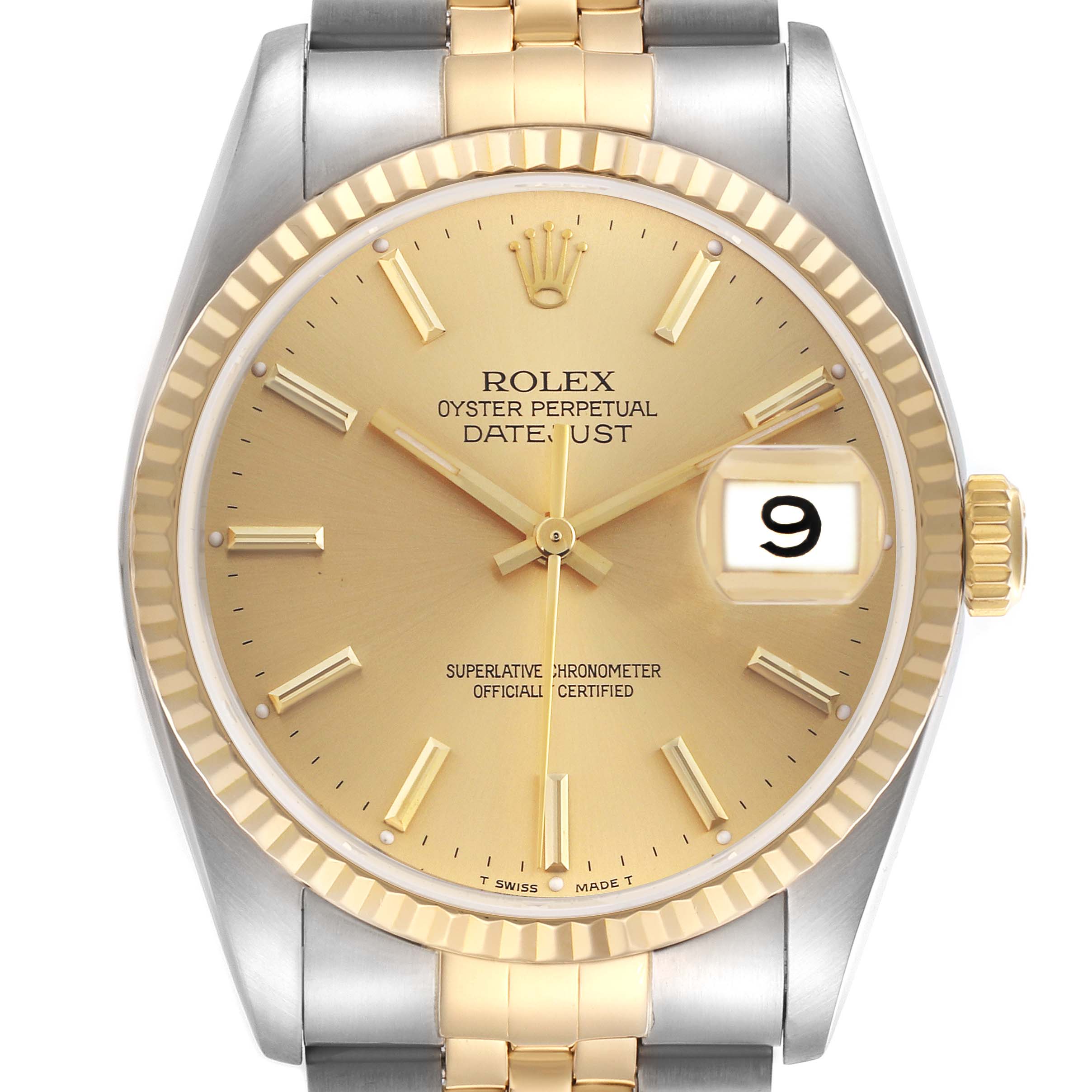The Rolex Datejust 16233 Men
s Steel and Gold (two tone) Champagne Dial 16233 Men
s Steel and Gold (two tone) Champagne Dial watch is photographed head-on, showing the dial, fluted bezel, date window, and part of the bracelet.