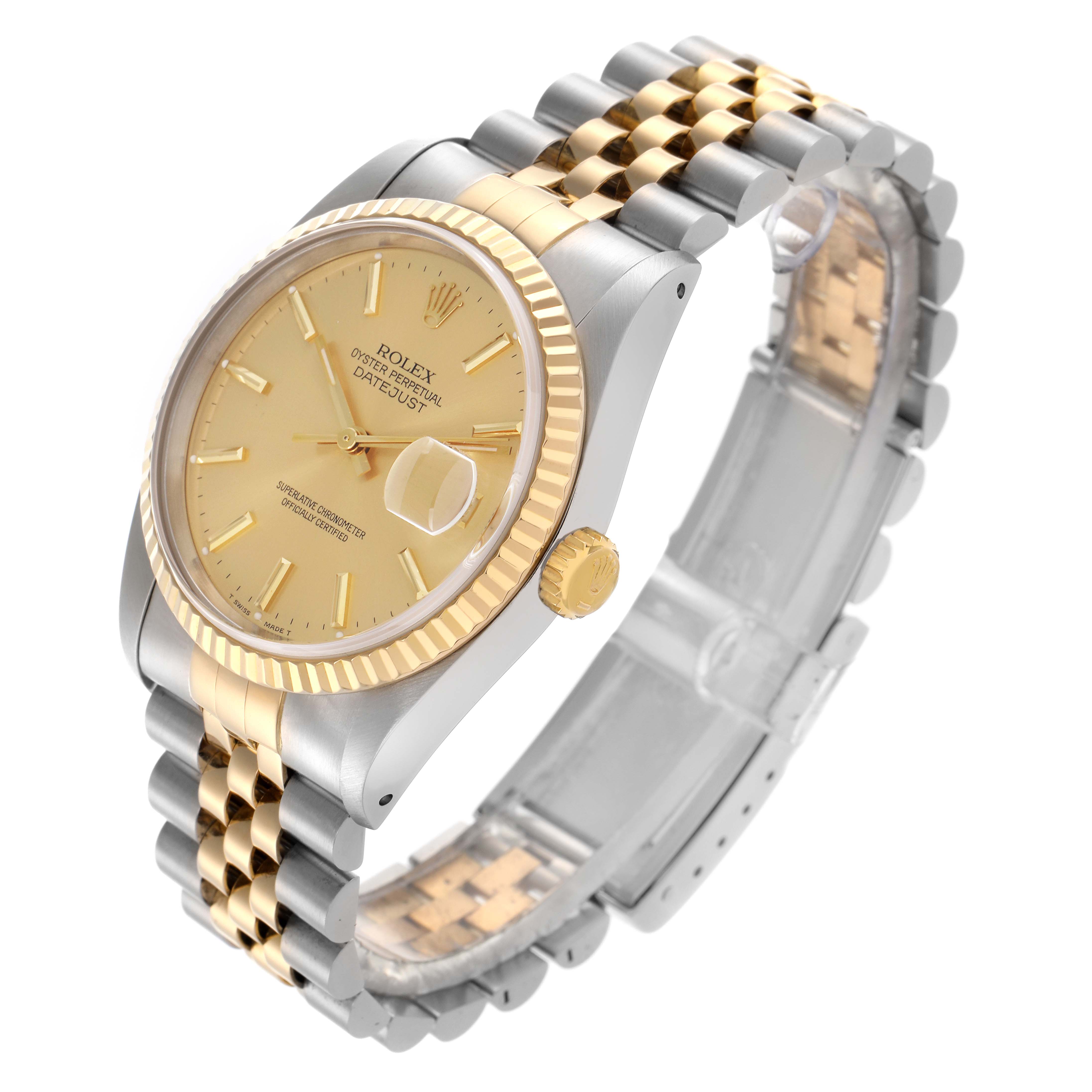 The Rolex Datejust 16233 Men
s Steel and Gold (two tone) Champagne Dial 16233 Men
s Steel and Gold (two tone) Champagne Dial watch is shown at a three-quarter angle, highlighting the face, bezel, crown, and two-tone bracelet.