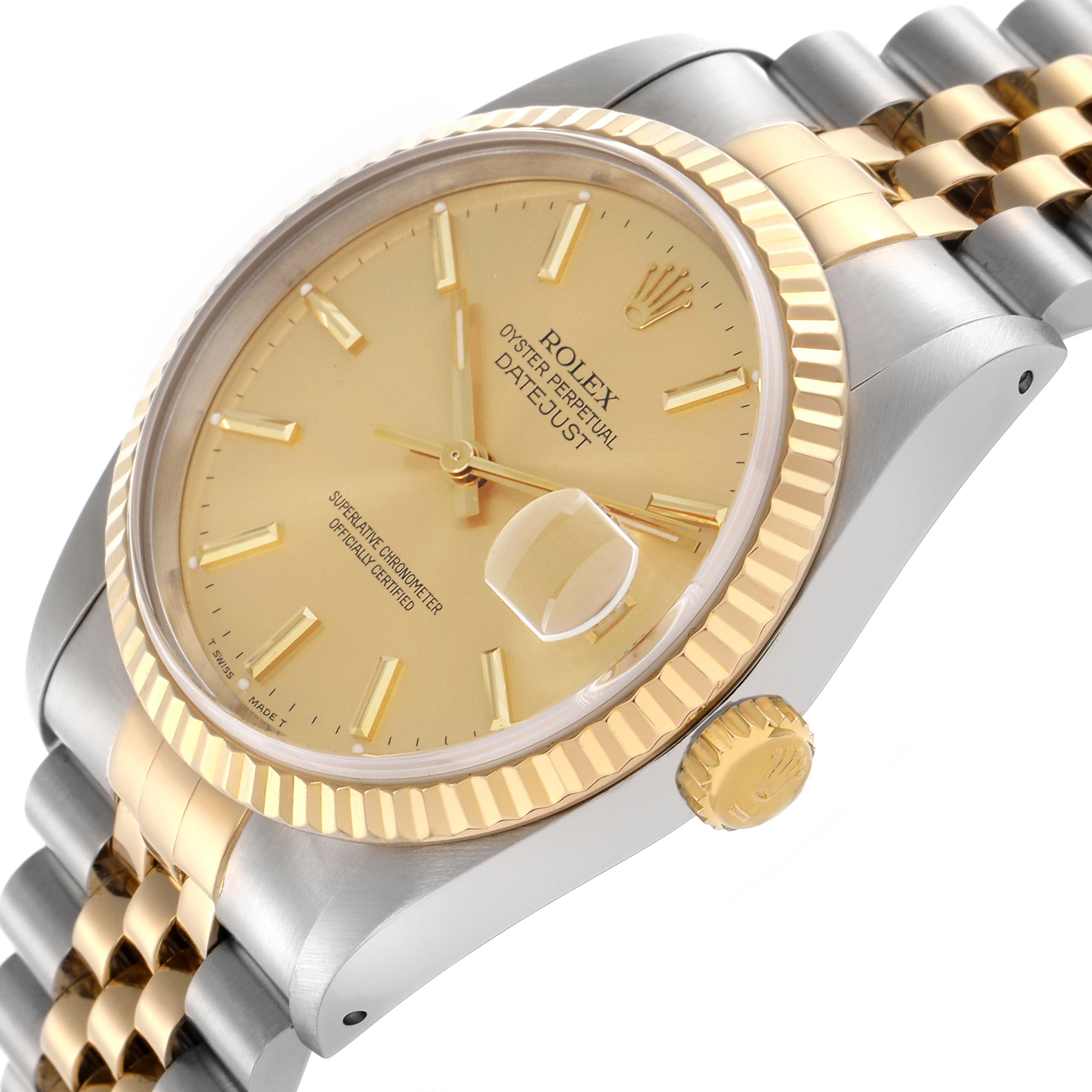 The image shows a Rolex Datejust 16233 Men
s Steel and Gold (two tone) Champagne Dial 16233 Men
s Steel and Gold (two tone) Champagne Dial watch at a three-quarter angle, highlighting the bezel, crown, dial, and Jubilee bracelet.