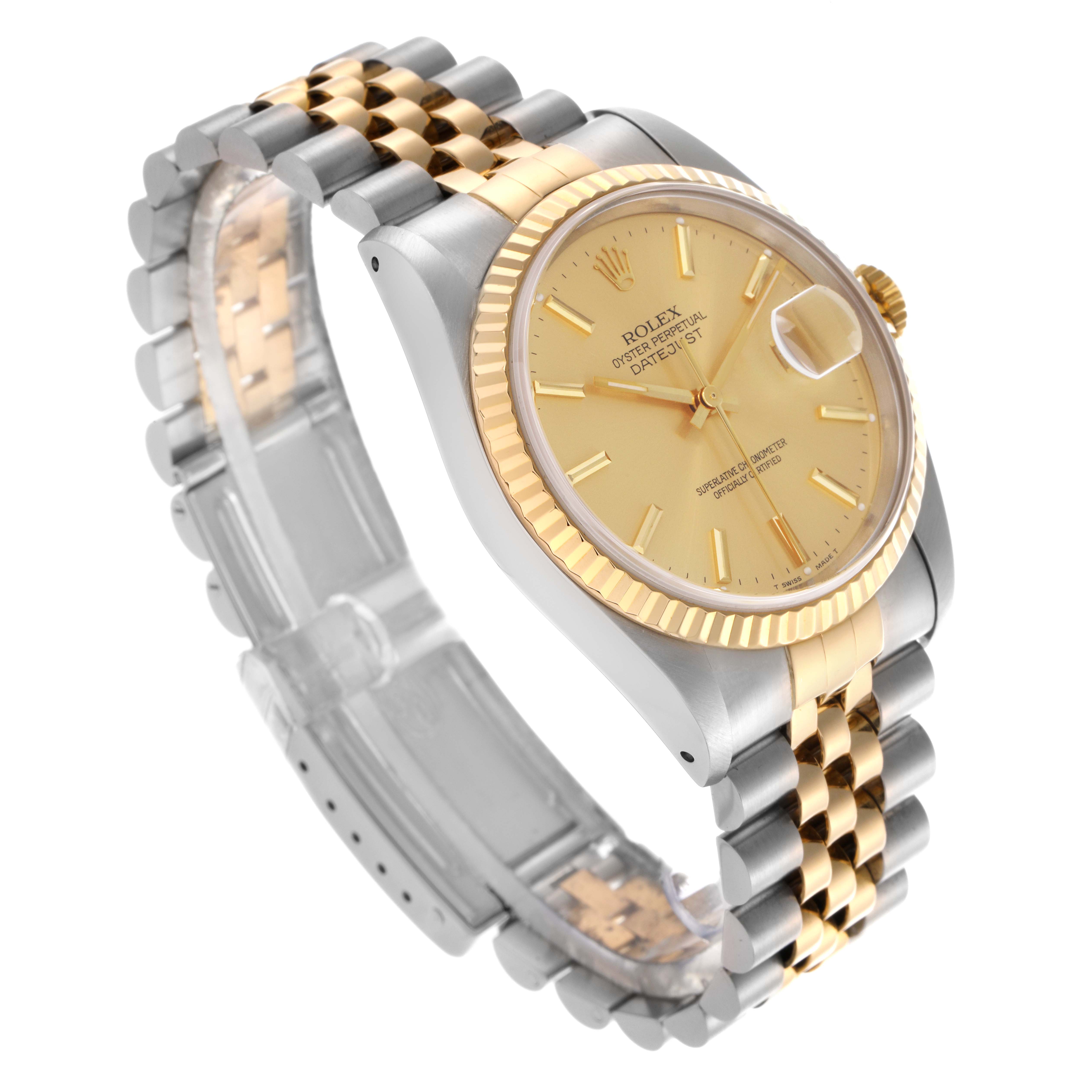 The Rolex Datejust 16233 Men
s Steel and Gold (two tone) Champagne Dial 16233 Men
s Steel and Gold (two tone) Champagne Dial watch is angled to show the dial, fluted bezel, two-tone bracelet, and side crown.